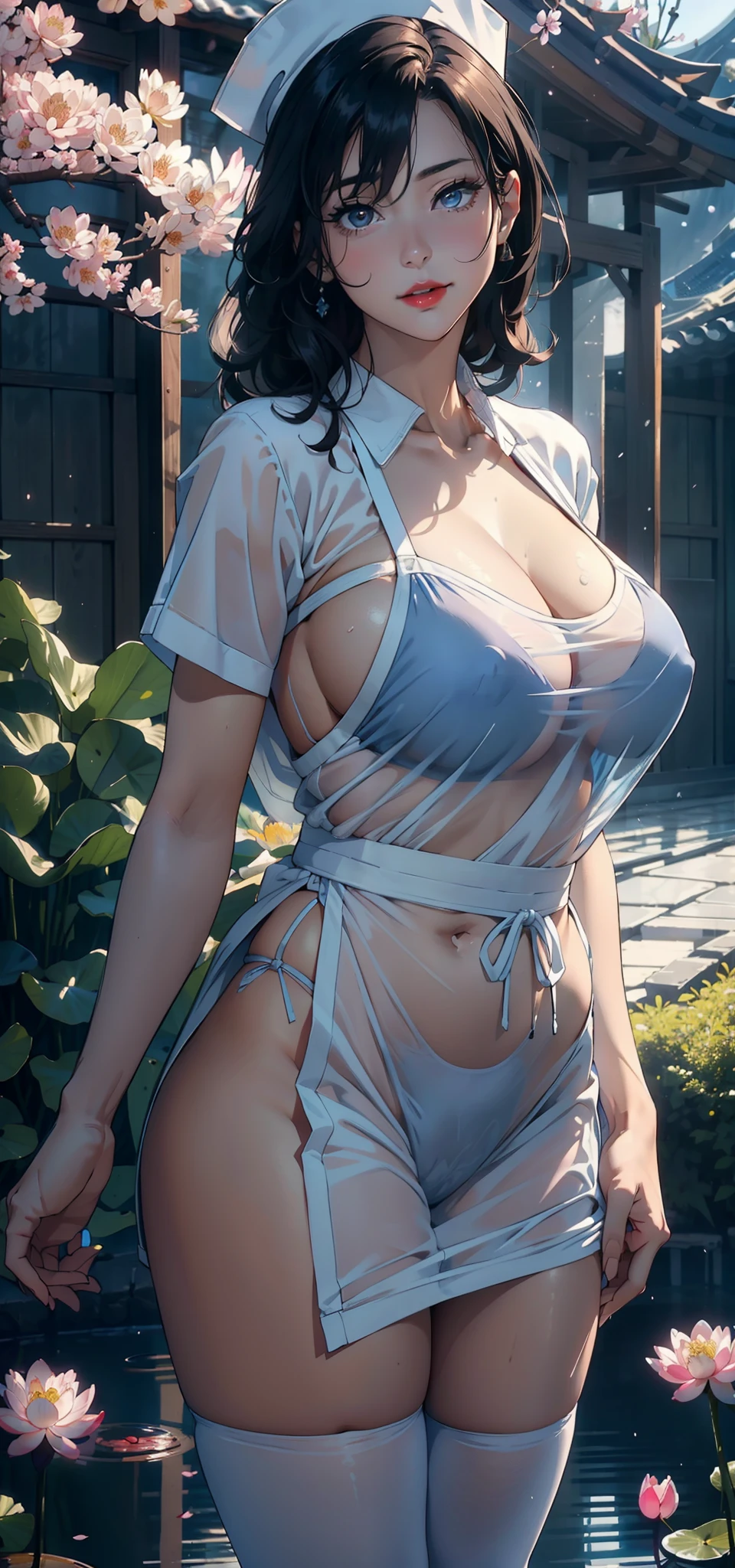 1female,45 yers old,Married Woman,熟妇,mature,plumw,extremely large bosom,Big breasts Thin waist,long leges, 独奏,(Background with:Cherry blossom forest,lotus flower,ponds,) She has short black hair,bobo head,,seen from the front, Stand among the flowers, mostly cloudy sky,(((tmasterpiece),(Very detailed CG unity 8K wallpaper),best qualtiy,cinmatic lighting,detailed back ground,beatiful detailed eyes,Bright pupils,Black eyes,Snow-whiteskin,Redlip(Very fine and beautiful),(Beautiful and detailed eye description),ultra - detailed,tmasterpiece,))facing at camera,A high resolution,ultra - detailed)Bulge,legs are open,Raised sexy,Camel toes,Flushed complexion,Desire for dissatisfaction,frontage,nurses(Wearing:oversized boobs,drooping chest,White transparent apron,Nurse hat,Blue nurse uniform)