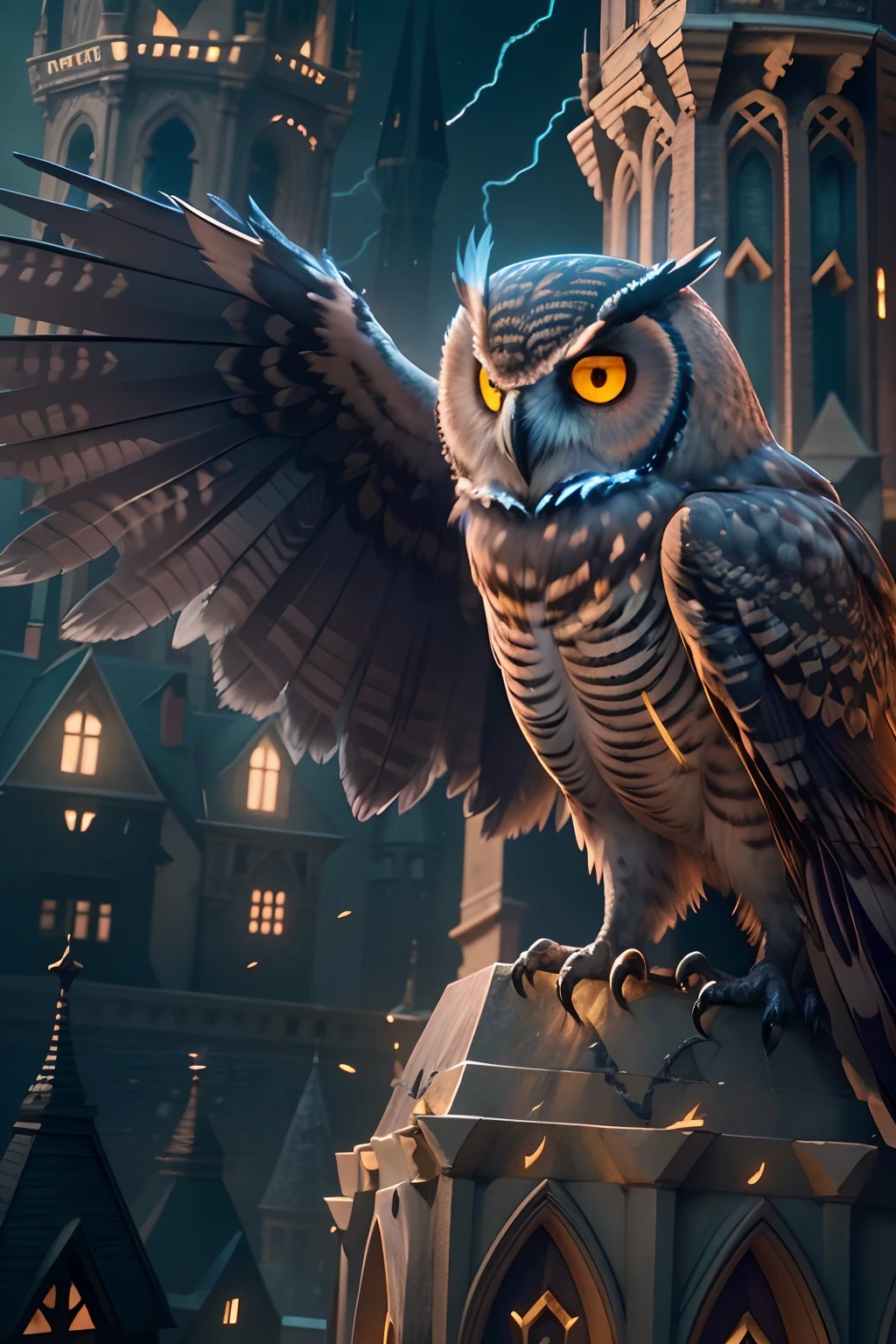 On the spire of the Gothic tower sits an owl,Close-up of owl,The background is lightning, radiant owl, glowing owl, 4K highly detailed magical digital art, Highly detailed fantasy digital artwork, Epic surrealist digital art illustrations, Highly detailed digital art, Beautiful digital artwork, Amazing digital art, 4K detailed digital art, trending on artstation 4k, 3 d epic illustrations