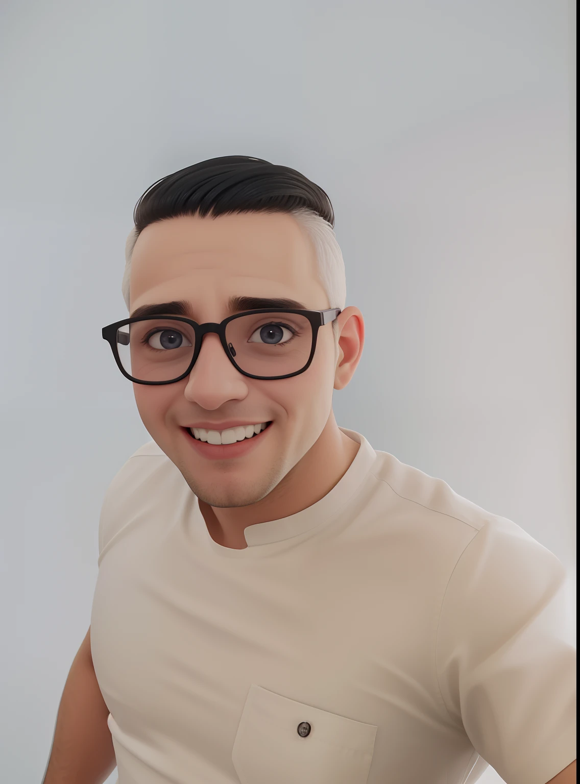 Um homem de 30 anos, com cabelos castanhos curtos,face de diamante, olhar rigoroso, e olhos castanhos, Wearing white white shirt with tie and glasses.