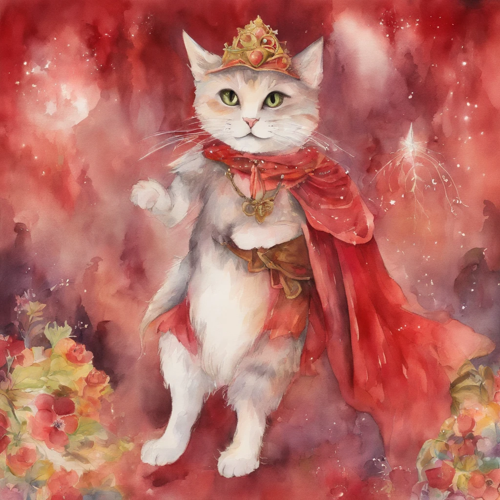 Cat costume procession Fantastic atmosphere Picture book illustrations watercolor paiting Overall, the color is strong red