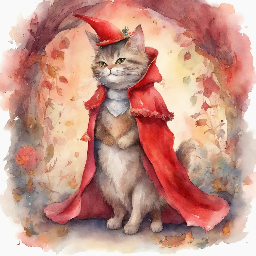 Cat costume procession Fantastic atmosphere Picture book illustrations watercolor paiting Overall, the color is strong red