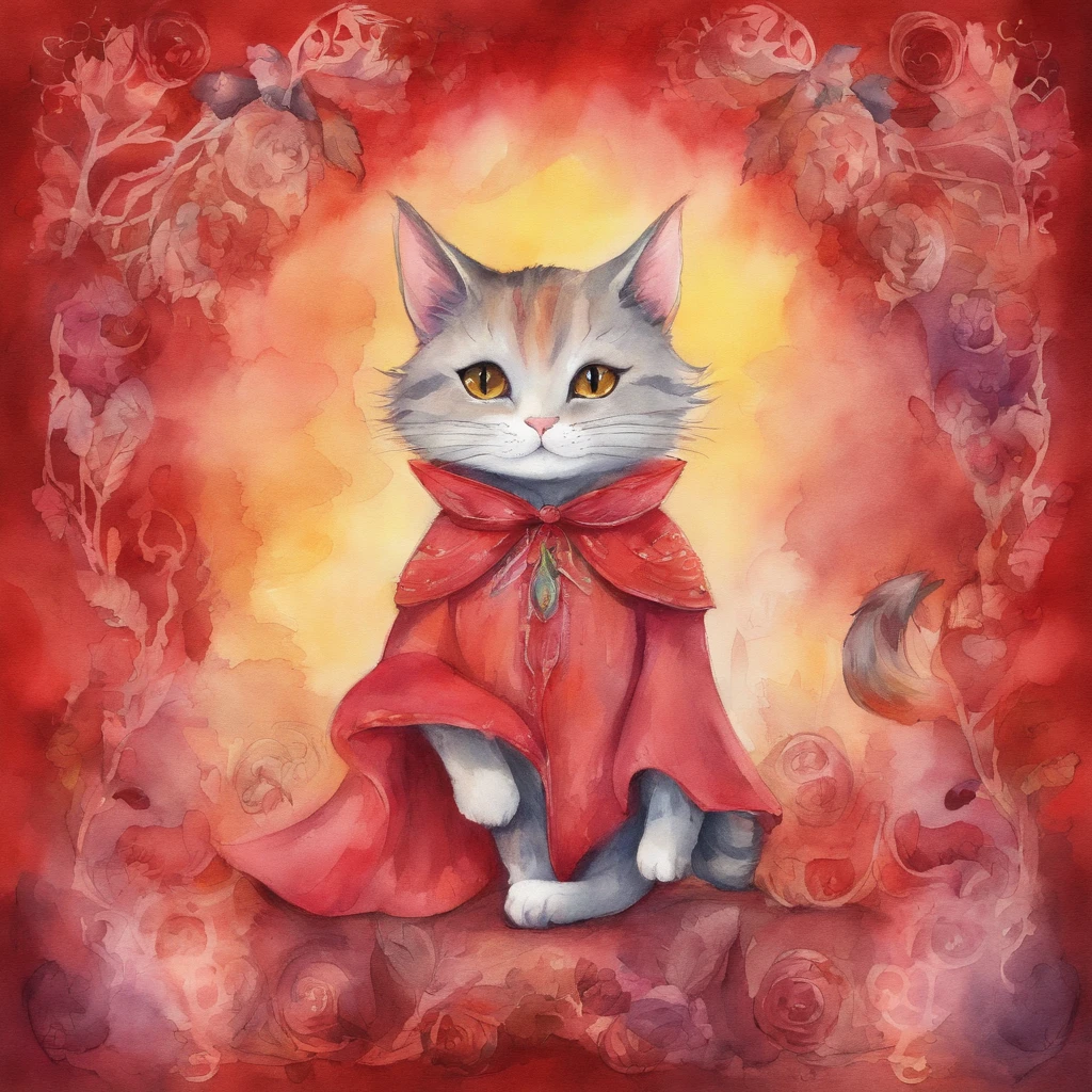 Cat costume procession Fantastic atmosphere Picture book illustrations watercolor paiting Overall, the color is strong red