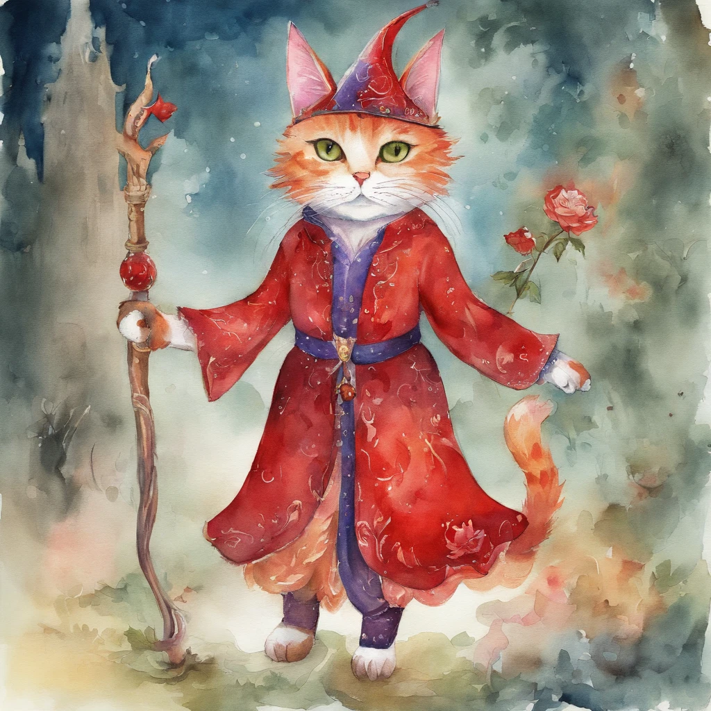 Cat costume procession Fantastic atmosphere Picture book illustrations watercolor paiting Overall, the color is strong red
