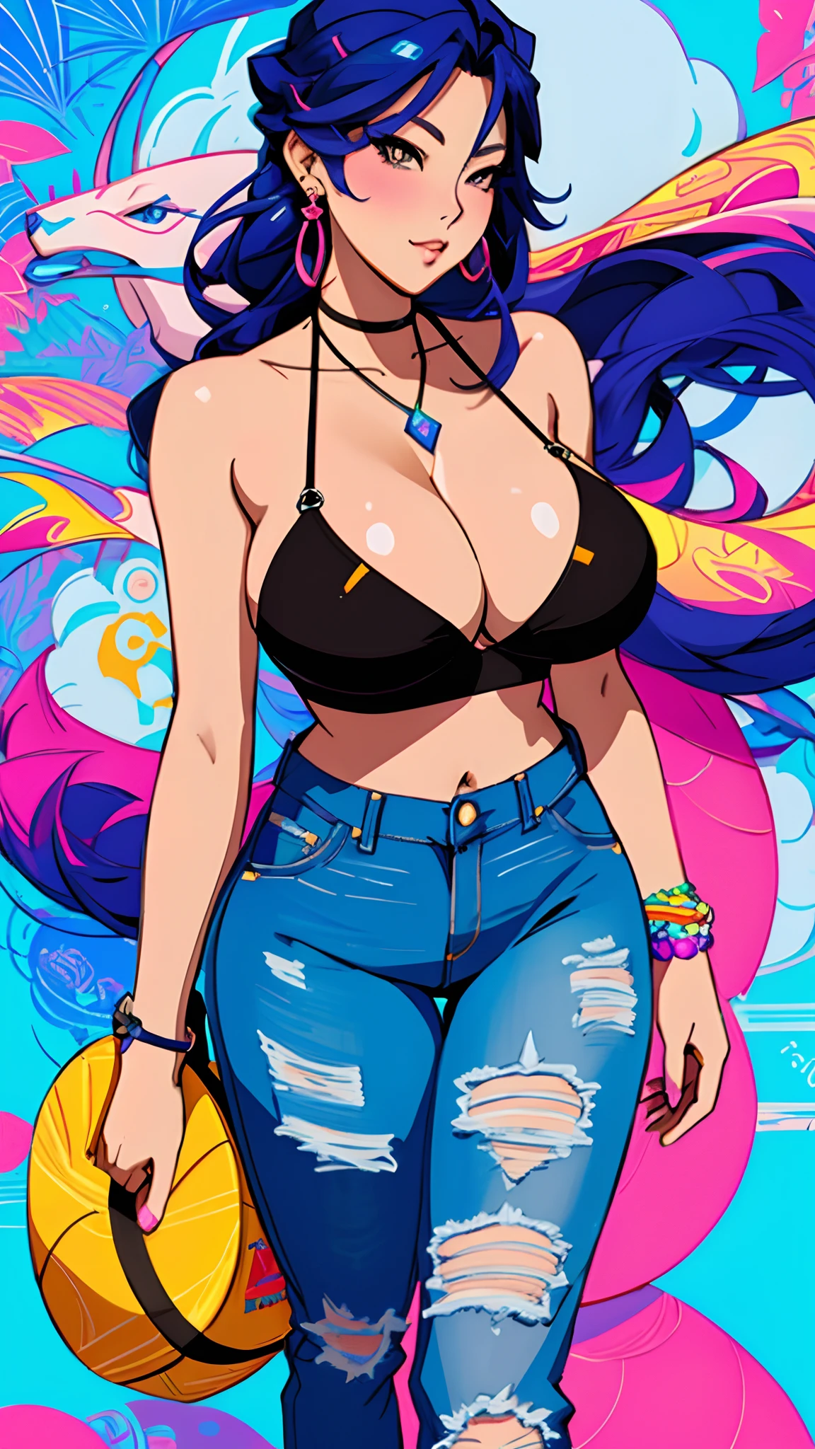 a close up of a woman in a bikini top and jeans, jen bartel, rossdraws cartoon vibrant, in style of digital illustration, digital anime illustration, colorful illustration, background artwork, 2d digital illustration, cartoon art style, rossdraws 1. 0, stunning art style, 2 d illustration, 2d illustration, artwork in the style of guweiz, huge breasts, sexy body, buxom, Curvy,