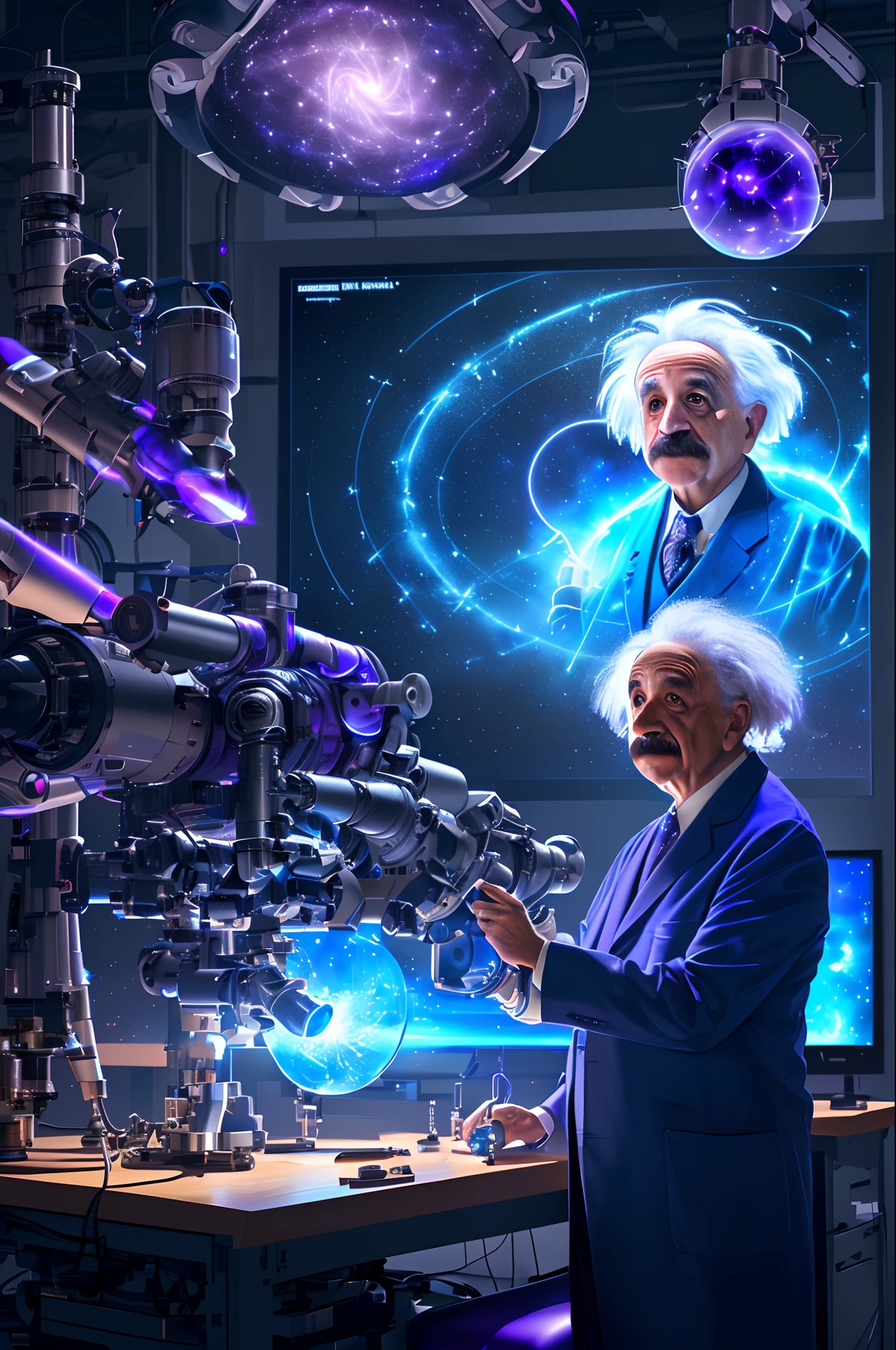 Albert Einstein in his astrophysics laboratory.  doing atomic bomb simulation, Detailed, Intricate, scientific, mathematical, Digital art, blue and purple lighting, Futuristic, by artificial intelligence, trending on artstation.