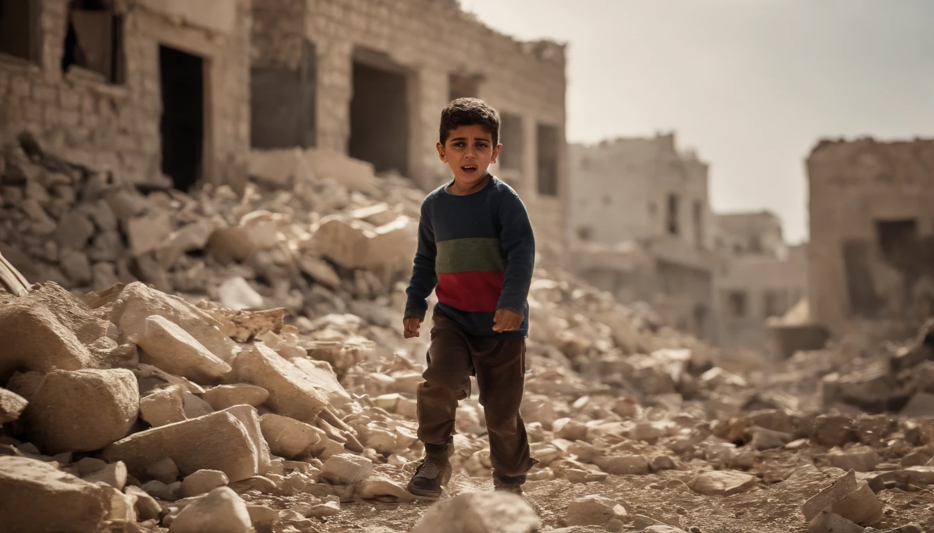A Palestinian child cries and searches for his mother among the rubble make it more cinematic and real and high quality