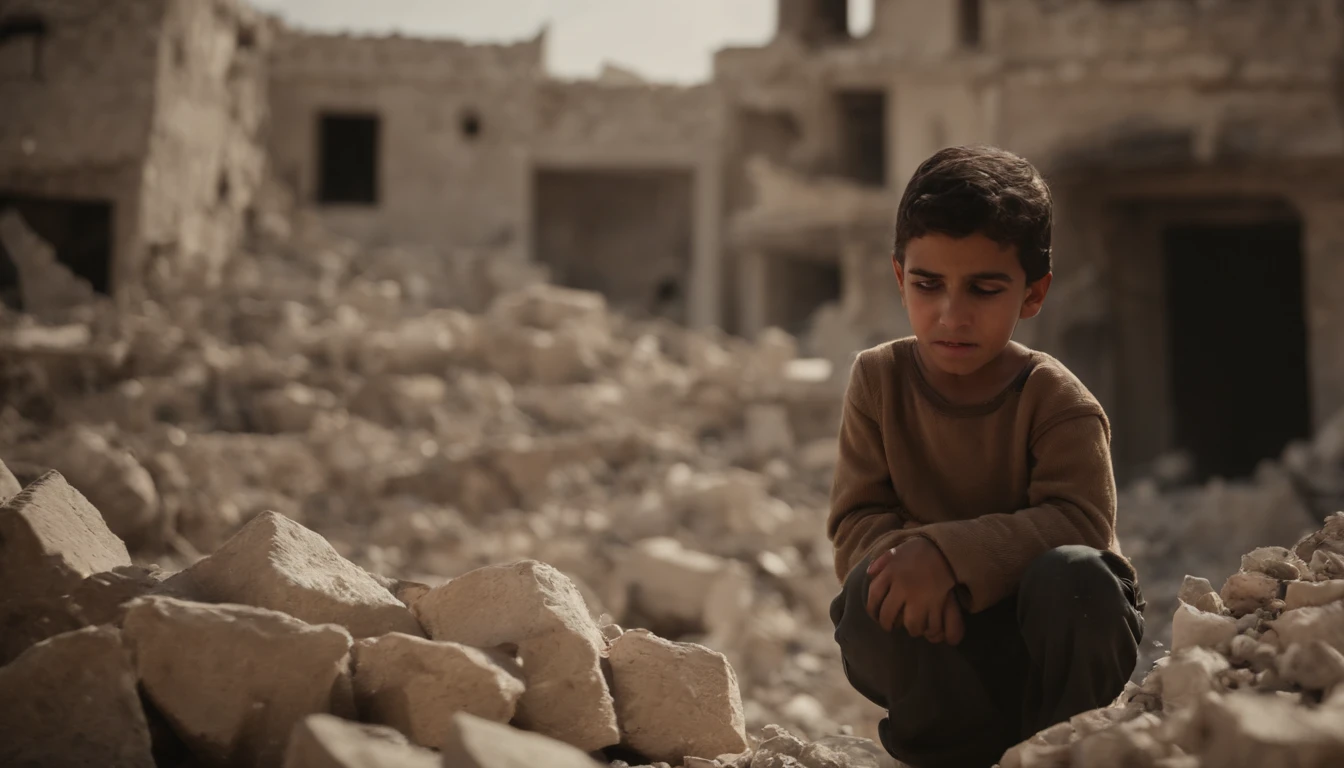 A Palestinian child cries and searches for his mother among the rubble make it more cinematic and real and high quality