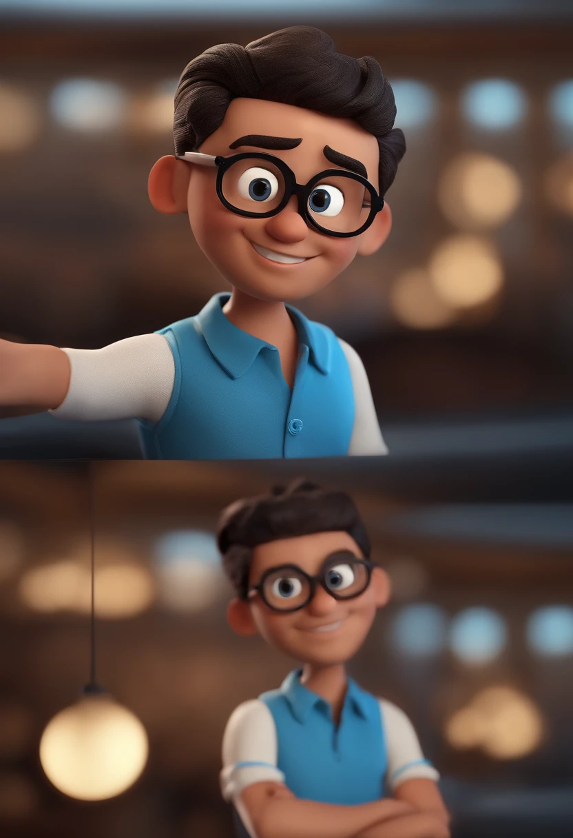 Cartoon character of a man with black glasses and a blue shirt, animation character, Caractere estilizado, animation style rendering, 3D estilizado, Arnold Maya render, 3 d render stylized, toon render keyshot, Personagem 3D, Personagem 3D, 3d rendering stylized, 3 d character render, personagem de desenho animado, Personagem de close up, Pose de personagem, (Estilo Pixar) (master part:1.2) (Bokeh) (best quality) (pele detalhada) (textura detalhada) (8k) (argila) (Cinematic lighting) (foco nítido