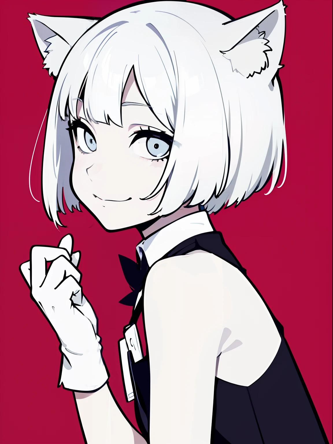 (Big sister),side portrait,Mature women,((Small Chest)),(High cold),listless, Not interested, monochrome, Blank stare,Cool beauty, looks away, half lidded eyes, Indifferent expression, Chic tomboy, black and white portrait, Bored, apathy, loner,(Alone),wispy bangs,The texture is straight,head portrait,(White hair),(Short hair),Hey, Hey, Smile,((Halter vest)),(Splayed bangs),(White gloves),(Reach forward),Put your hands together,(Cat Ear)