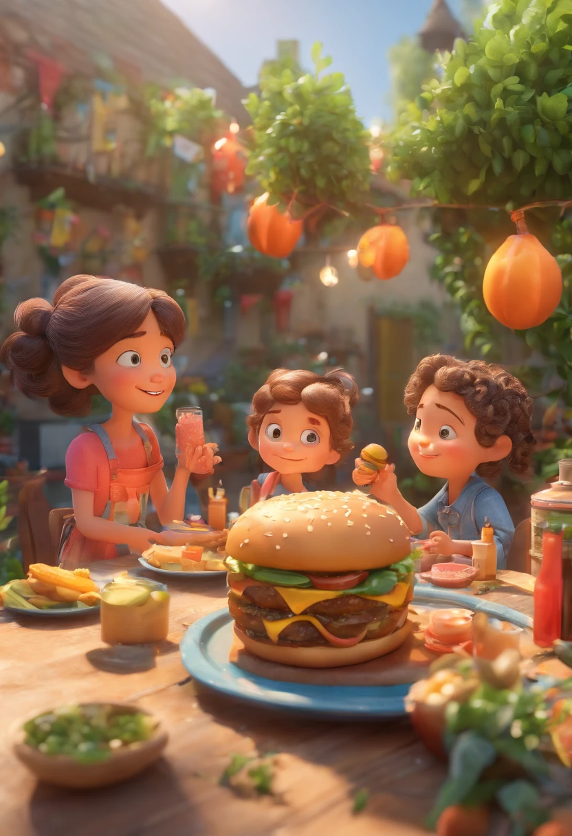 Estilo Pixar: Family, a faturar savoring a burger, a mother, two girls, onde boy and a grandmother. ALL then eating anything and so many types of food on the table. A little dog e beautiful garden