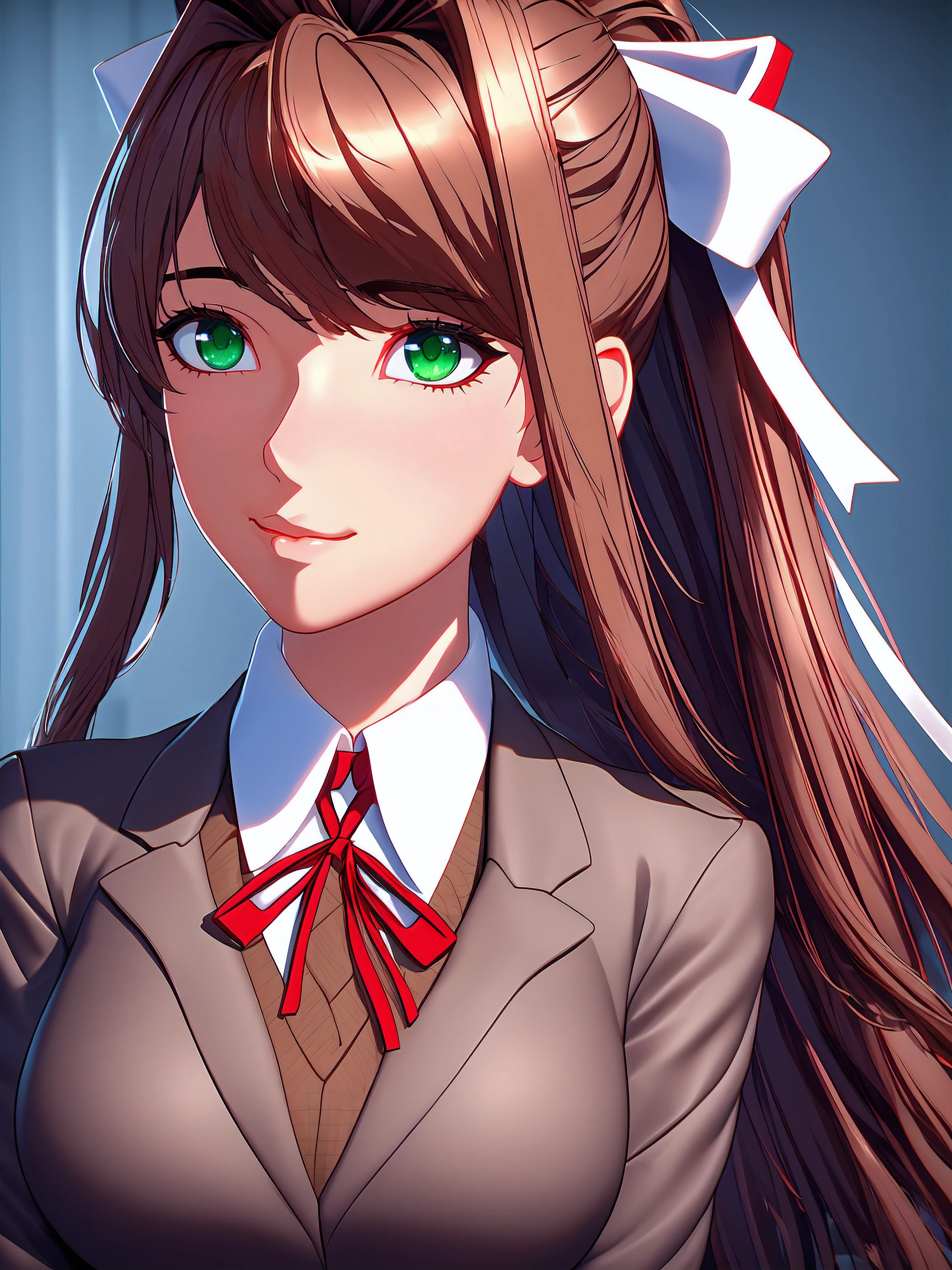 Monika posing for a profile picture. In it, she is happy and determined to show all aspects of her beauty. Monika, long brown hair with slightly wavy ends. A large white ribbon is tied into a bow on the right side of her head. She has side-swept bangs that brush her forehead, standard female school uniform, aura of discipline and elegance, warm gray blazer, upright posture, brown wool vest, immaculate white shirt, red ribbon on the collar. Maximum sharpness, UHD, 16K, anime style, best possible quality, ultra detailed, best possible resolution, Unreal Engine 5, perfect, more detail.