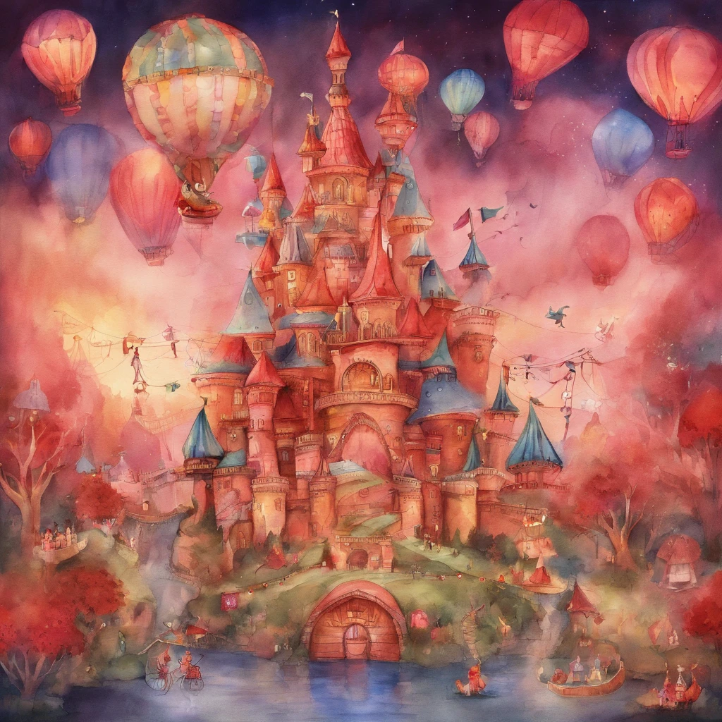Cat amusement park　Fantastic atmosphere　Picture book illustrations　watercolor paiting　Overall, the color is strong red
