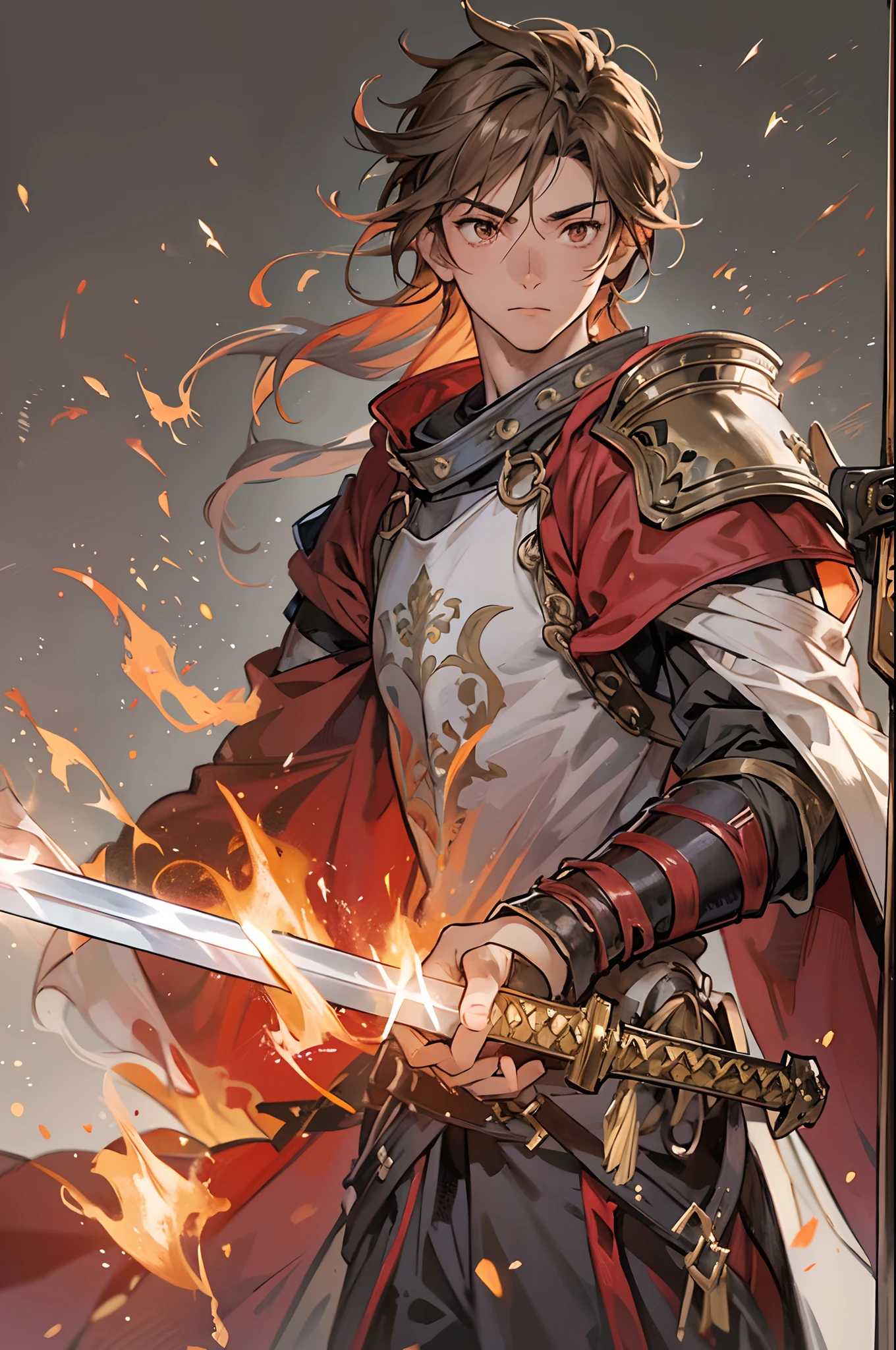 A -yeld tea boy swordsman, holding an medieval sword, height 1.7m, weight 70kg, light skin tone, without a beard, without a goatee, no facial hair, no body hair, brown hair color, straight hair, pointed ears, medieval knight's silver armor, red clothes, breathing fire, burning, burnt clothes, embers, fire, flame, flaming sword, pyrokinesis