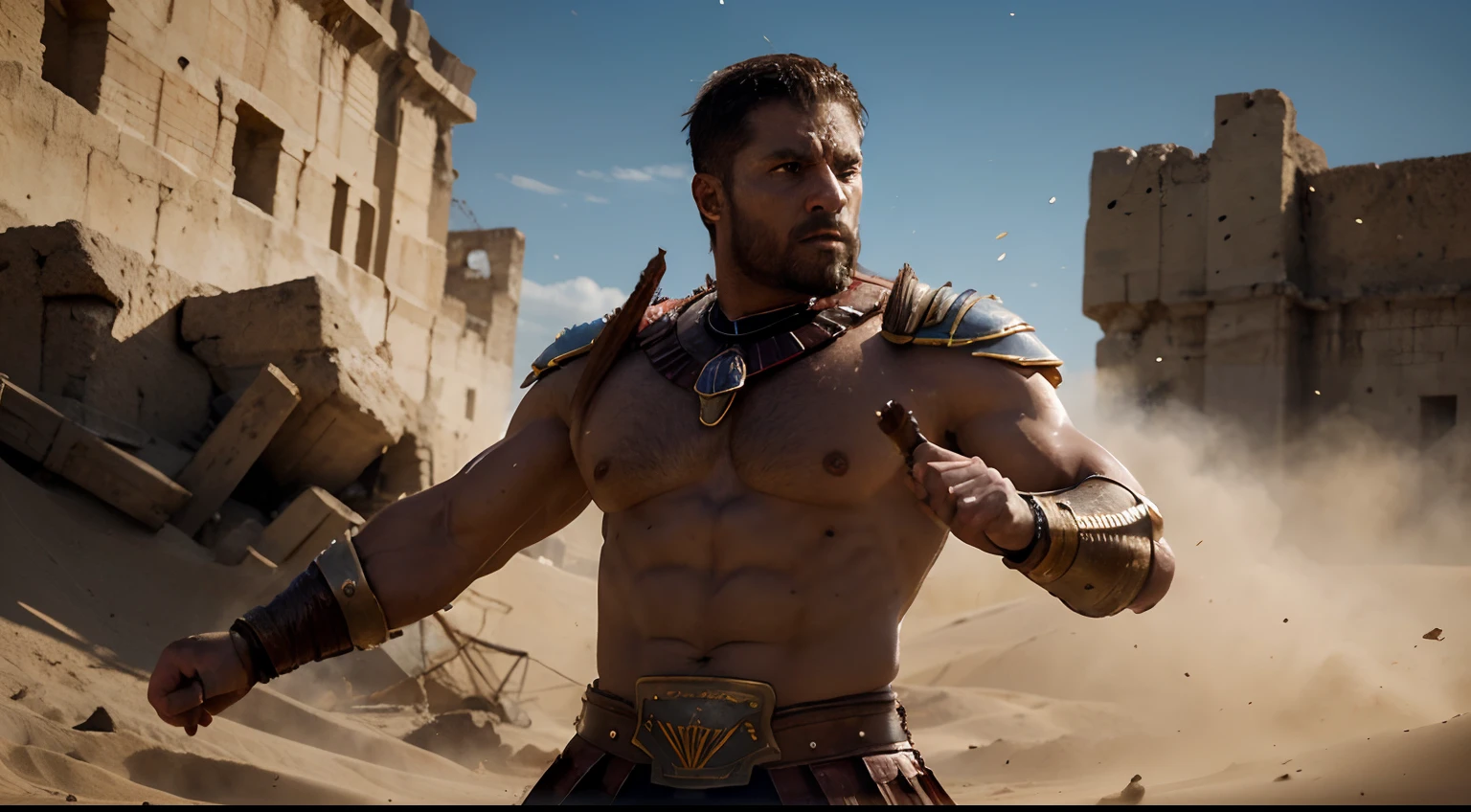 (a stoic, muscular Gladiator facing insults unshakably), oil painting, detailed armor, intense expression, dramatic lighting, realistic, ancient Rome, fierce battle, dust and sand, heroic, powerful stance, strong physique, determined, classical art style, vibrant colors, sharp focus, masterful brushwork. (best quality, high resolution, vivid colors)