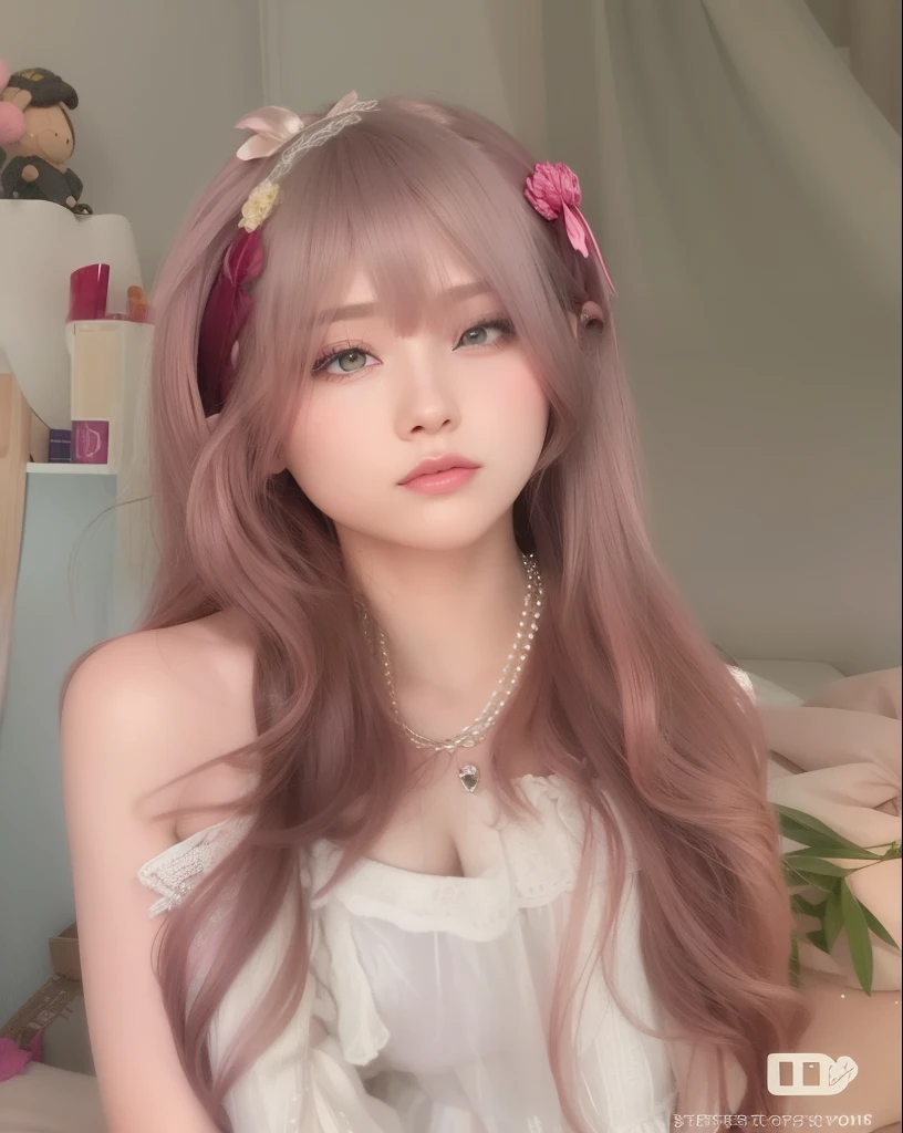 um close up de uma mulher com longos cabelos rosa e um colar, cabelo liso rosa, long flowing pink hair, linda Delphine, flowing pink hair, cabelo comprido com franja completa, Penteado kawaii, cabelos longos com franja, cabelo rosa twintail e olhos cianos, cabelo rosa wispy, kawaii estilo de cabelo, cabelo rosa claro pastel muito longo, Ulzzang