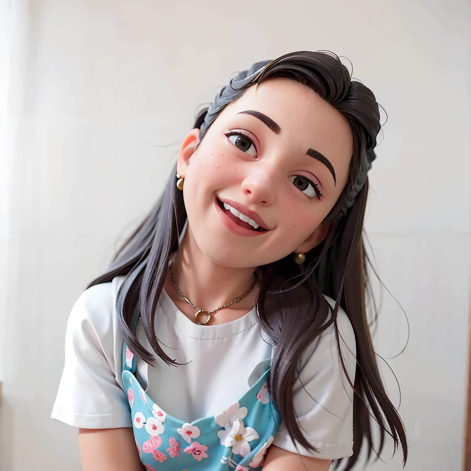 There's a young woman with long hair and a white shirt, menina jovem e bonito, kawaii retrato realista, cara fofa jovem, she is smiling and happy, ela tem cerca de 7 anos de idade, menina jovem bonito, ela tem um rosto bonito, She is grinning, adolescente hiperrealista, Retrato de uma menina bonito, foto retrato suave 8 k, sorrindo e olhando diretamente