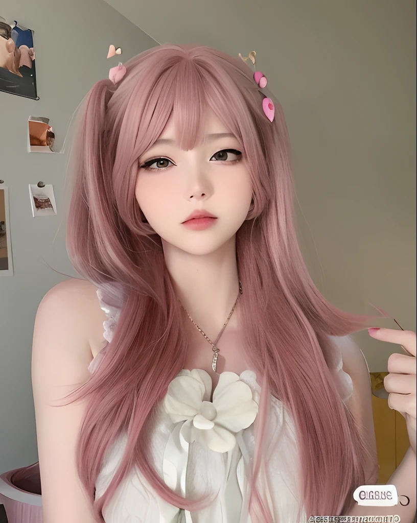 um close up de uma mulher com longos cabelos rosa e um colar, cabelo liso rosa, long flowing pink hair, linda Delphine, flowing pink hair, cabelo comprido com franja completa, Penteado kawaii, cabelos longos com franja, cabelo rosa twintail e olhos cianos, kawaii estilo de cabelo, cabelo rosa wispy, cabelo rosa claro pastel muito longo, Ulzzang