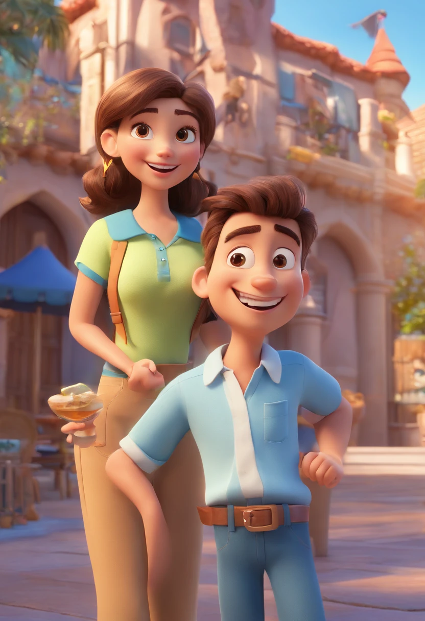 Cartoon of a family, father, mother and 5-year-old daughter, Having fun on vacation together, 3D Animation Movie Poster, Poster de filme animado, pixar 3 d animation style, pixar renderman rendering, maia 8 mil, animated film, Disney Pixar Estilo 3D, amigos felizes saem juntos, all wearing light blue shirts and cream brown long pants, camisa azul clara, cream brown pants, ao ar livre, vacation, Disney Pixar Animation Poster
