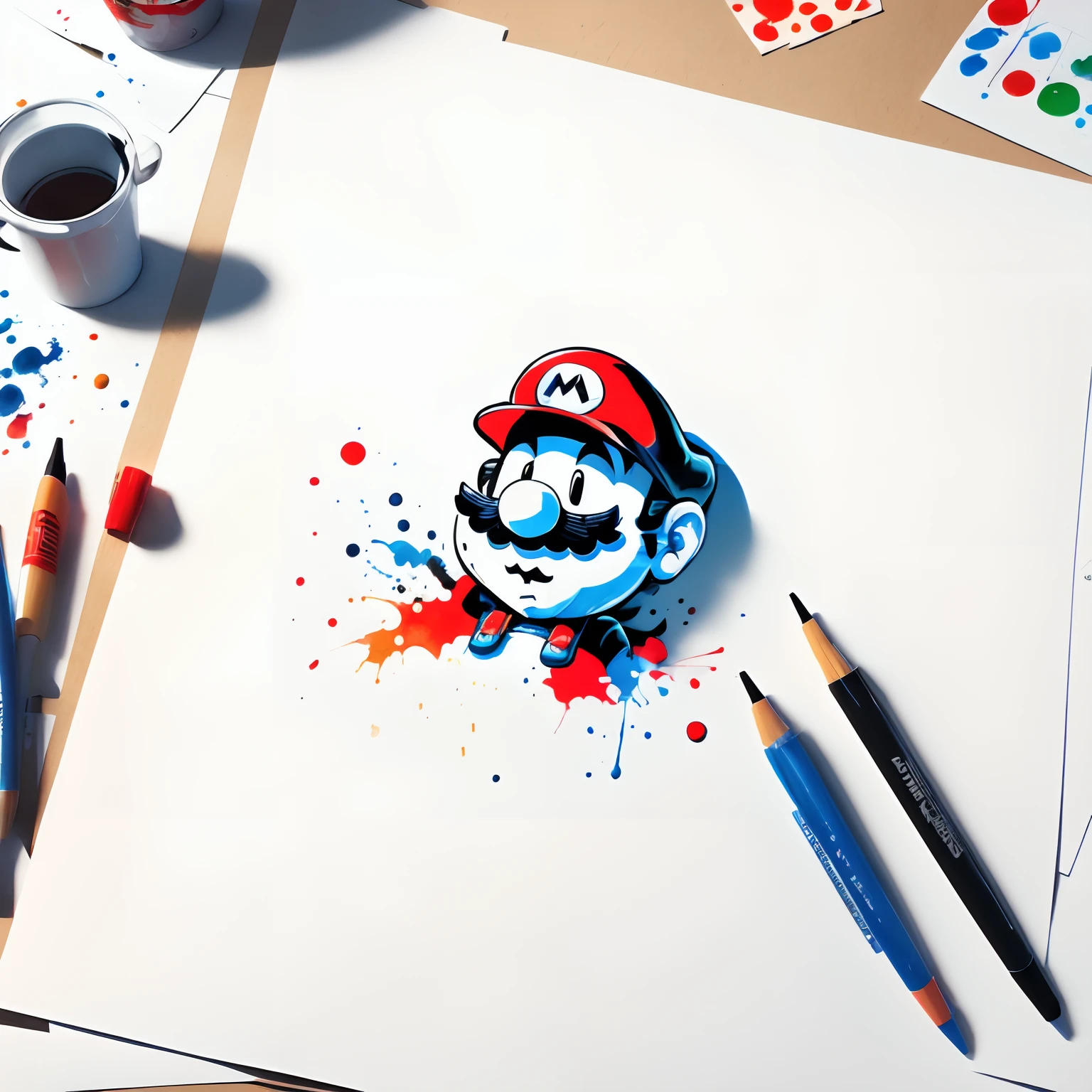 vector t-shirt design, minimalistic ink drawing style, vanishing point on white paper, Super Mario. watercolor splash, in black and white, but with only a few red and blue eccents ,art incorporated as complimentary elements, photo, cinematic, 3d render, illustration, pixar style. Photorealism.