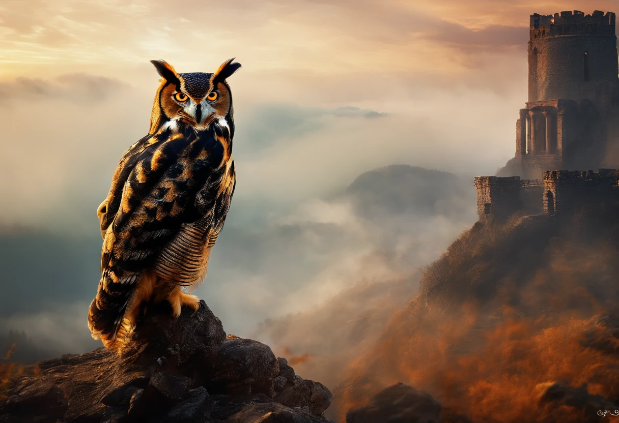 A doomsday scene，Super giant owls stand on the ruins of an ancient castle，Collapsed buildings，Rubble blocks，fire glow，dense smoke，waterface，inverted image，Sharp focus，Bokeh，depth of fields，Works of masters，super-fine，Hyper-realistic，8K，Best picture quality，Detailed description，电影灯光，cinematic perspective
