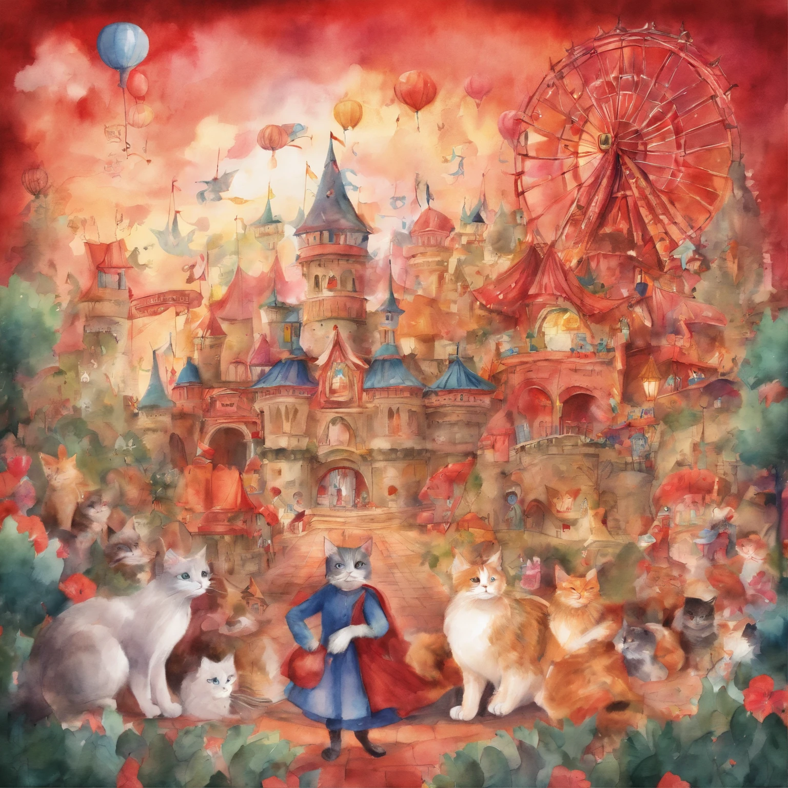 Cat amusement park　Fantastic atmosphere　Picture book illustrations　watercolor paiting　Overall, the color is strong red