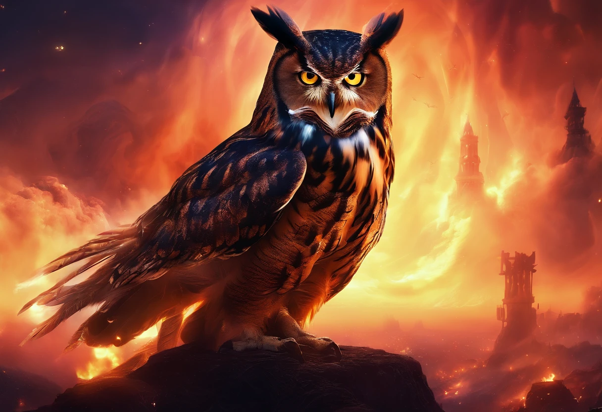 A doomsday scene，Super giant owls stand on the ruins of an ancient castle，Collapsed buildings，Rubble blocks，fire glow，dense smoke，waterface，inverted image，Sharp focus，Bokeh，depth of fields，Works of masters，super-fine，Hyper-realistic，8K，Best picture quality，Detailed description，电影灯光，cinematic perspective