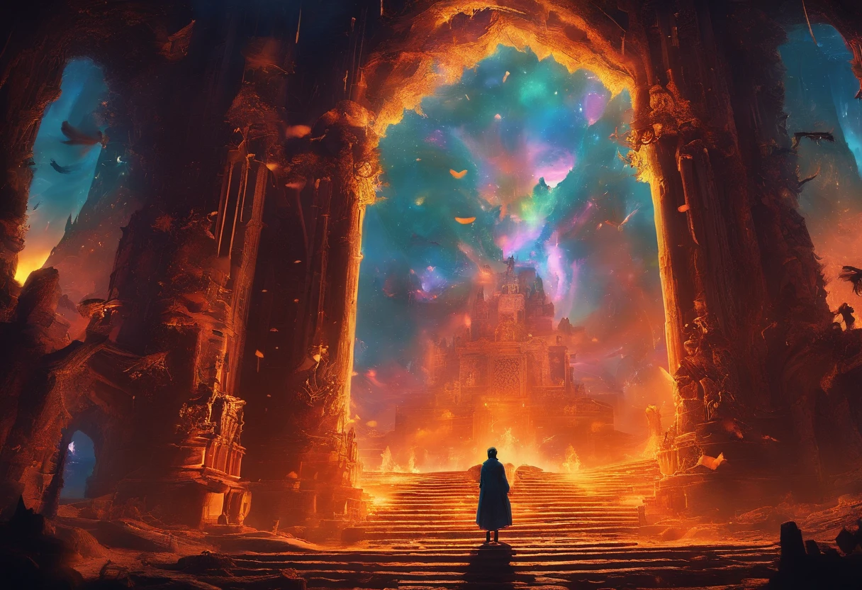 A doomsday scene，Super giant owls stand on the ruins of an ancient castle，Collapsed buildings，Rubble blocks，fire glow，dense smoke，waterface，inverted image，Sharp focus，Bokeh，depth of fields，Works of masters，super-fine，Hyper-realistic，8K，Best picture quality，Detailed description，电影灯光，cinematic perspective