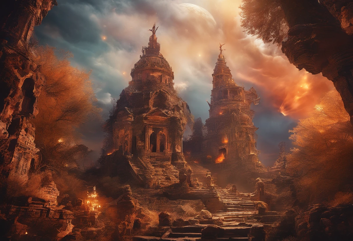 A doomsday scene,Super giant owls stand on the ruins of an ancient castle,Collapsed buildings,Rubble blocks,fire glow,dense smoke,waterface,inverted image,Sharp focus,Bokeh,depth of fields,Works of masters,super-fine,Hyper-realistic,8K,Best picture quality,Detailed description,电影灯光,cinematic perspective