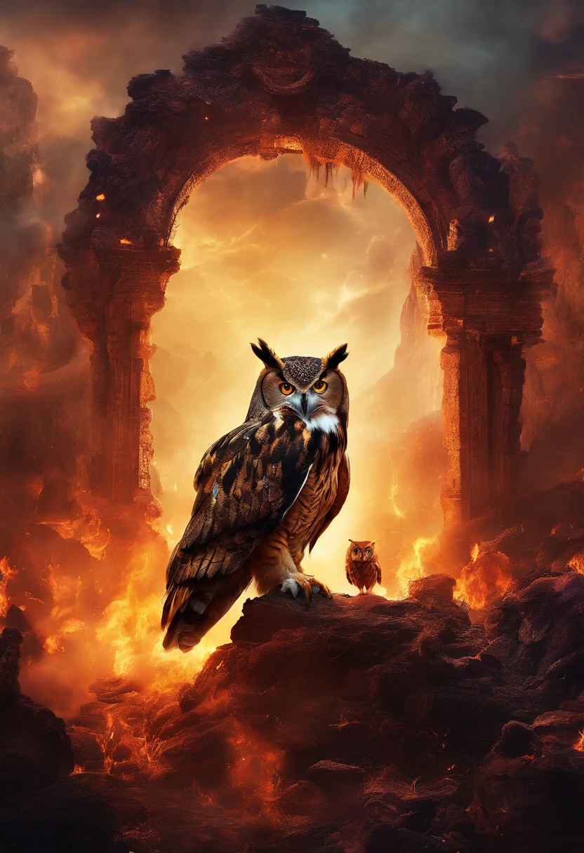 A doomsday scene,Huge owls stand on the ruins of the ancient castle,Collapsed buildings,Rubble blocks,fire glow,dense smoke,waterface,inverted image,Sharp focus,Bokeh,depth of fields,Works of masters,super-fine,Hyper-realistic,8K,Best picture quality,Detailed description,电影灯光,cinematic perspective