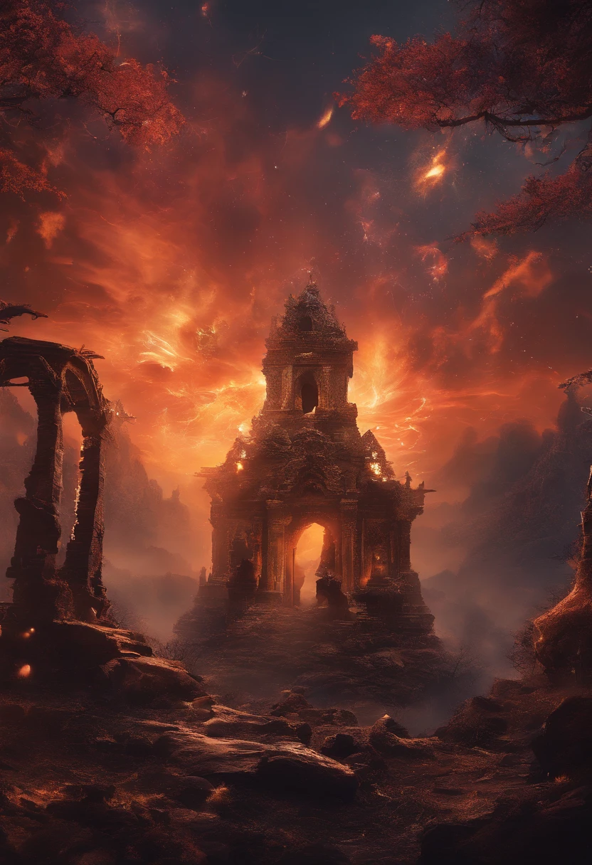 A doomsday scene,Huge owls stand on the ruins of the ancient castle,Collapsed buildings,Rubble blocks,fire glow,dense smoke,waterface,inverted image,Sharp focus,Bokeh,depth of fields,Works of masters,super-fine,Hyper-realistic,8K,Best picture quality,Detailed description,电影灯光,cinematic perspective