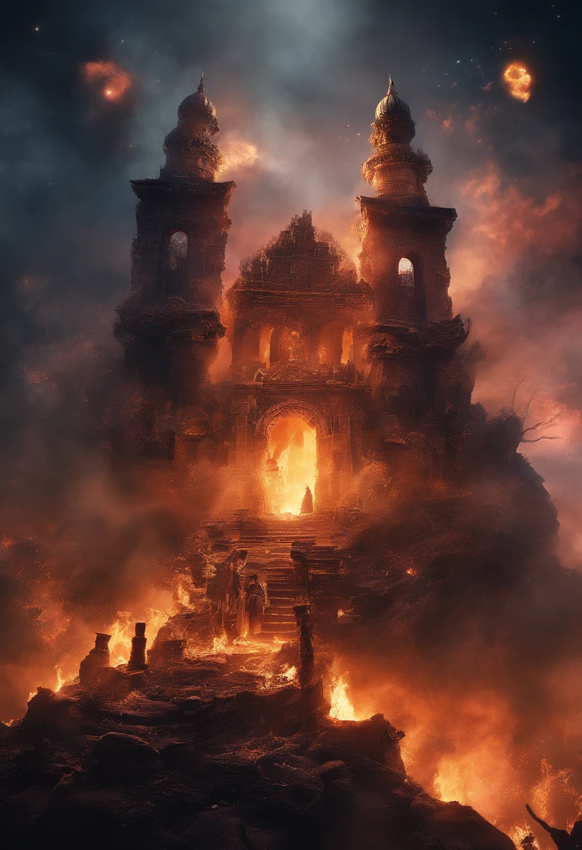 A doomsday scene,Huge owls stand on the ruins of the ancient castle,Collapsed buildings,Rubble blocks,fire glow,dense smoke,waterface,inverted image,Sharp focus,Bokeh,depth of fields,Works of masters,super-fine,Hyper-realistic,8K,Best picture quality,Detailed description,电影灯光,cinematic perspective