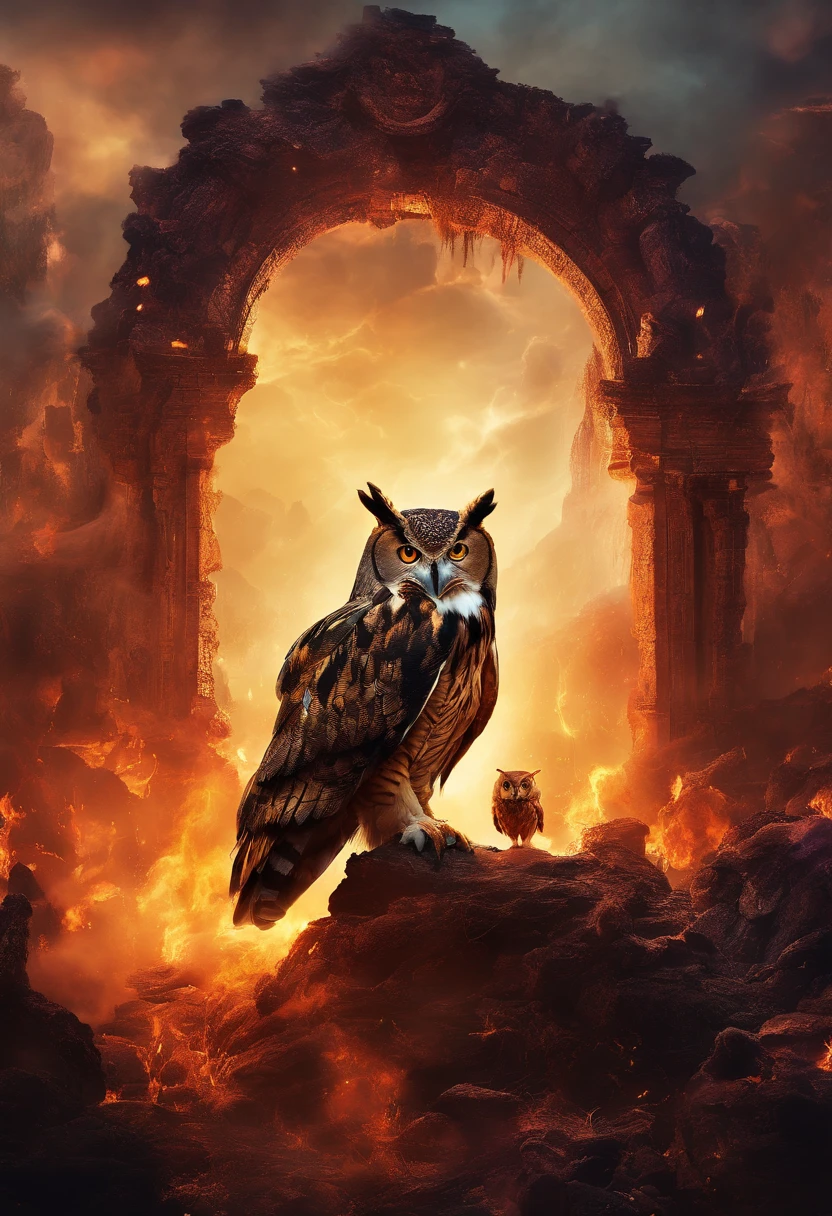 A doomsday scene,Huge owls stand on the ruins of the ancient castle,tosen,Collapsed buildings,Rubble blocks,fire glow,dense smoke,waterface,inverted image,Sharp focus,Bokeh,depth of fields,Works of masters,super-fine,Hyper-realistic,8K,Best picture quality,Detailed description,电影灯光,cinematic perspective