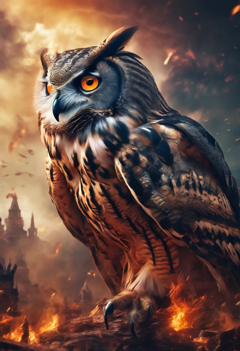 A doomsday scene，Huge owls stand on the ruins of the ancient castle，tosen，Collapsed buildings，Rubble blocks，fire glow，dense smoke，waterface，inverted image，Sharp focus，Bokeh，depth of fields，Works of masters，super-fine，Hyper-realistic，8K，Best picture quality，Detailed description，电影灯光，cinematic perspective