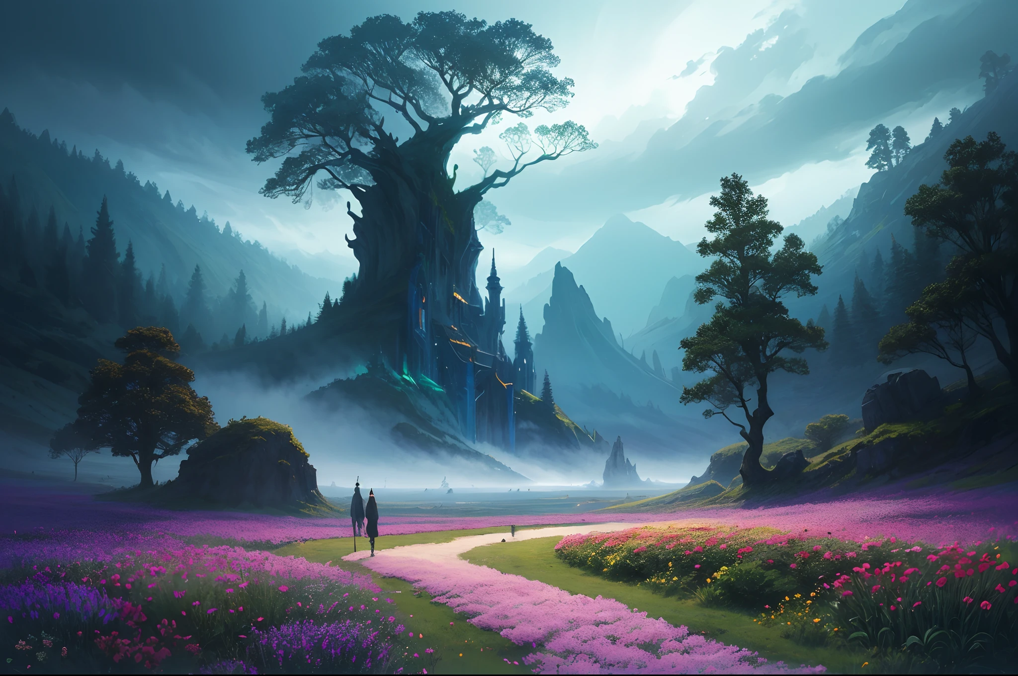 dreamy landscape, glowing flowers, magical creatures, ethereal atmosphere, mystical lighting, vibrant colors, surreal and abstract elements