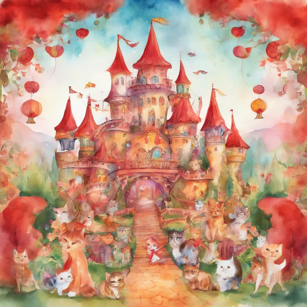 Cat amusement park Fantastic atmosphere Picture book illustrations watercolor paiting Overall, the color is strong red