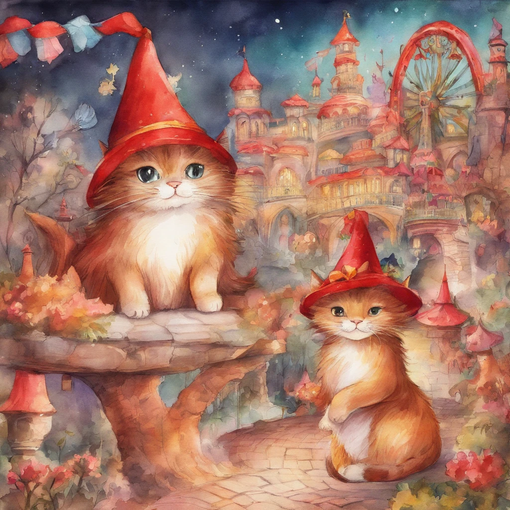 Cat amusement park Fantastic atmosphere Picture book illustrations watercolor paiting Overall, the color is strong red