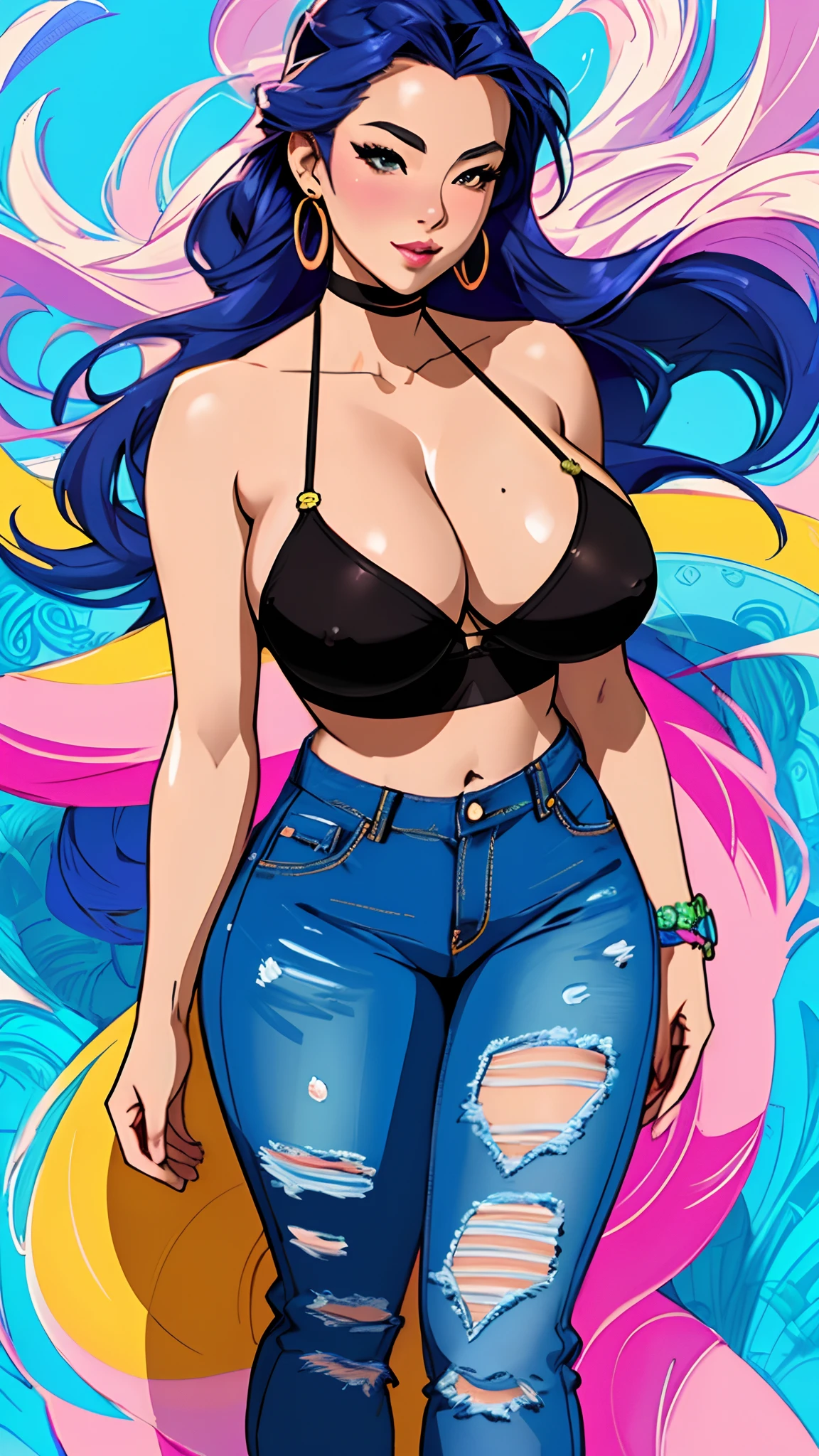 Masterwork, Best Quality, ultra-detailed, dynamic lighting, photo-realistic, a close up of a woman in a bikini top and jeans, jen bartel, rossdraws cartoon vibrant, colorful illustration, background artwork, cartoon art style, rossdraws 1. 0, stunning art style, artwork in the style of guweiz, huge breasts, sexy body, buxom, Curvy, nipples