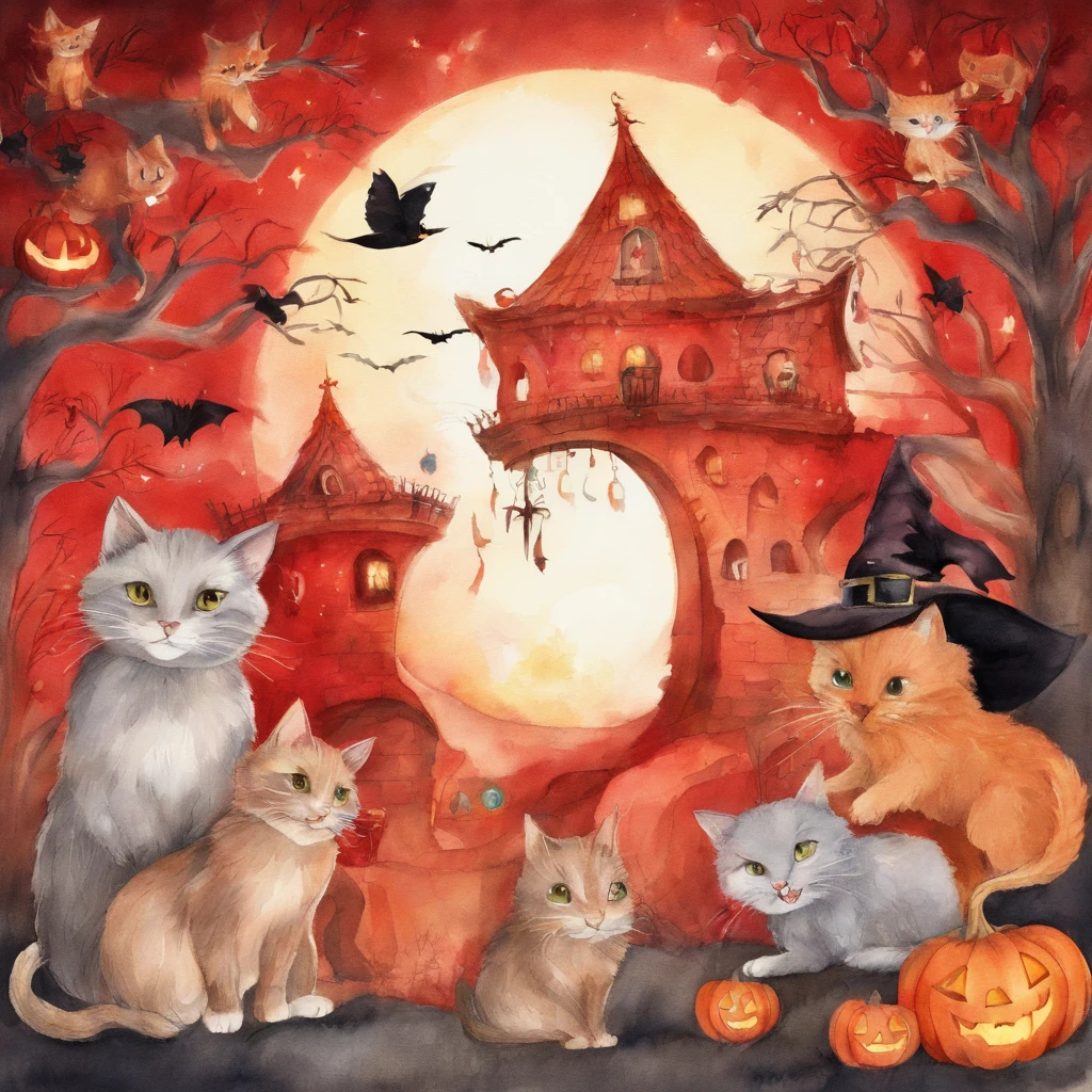 Cat Halloween party　Fantastic atmosphere　Picture book illustrations　watercolor paiting　Overall, the color is strong red