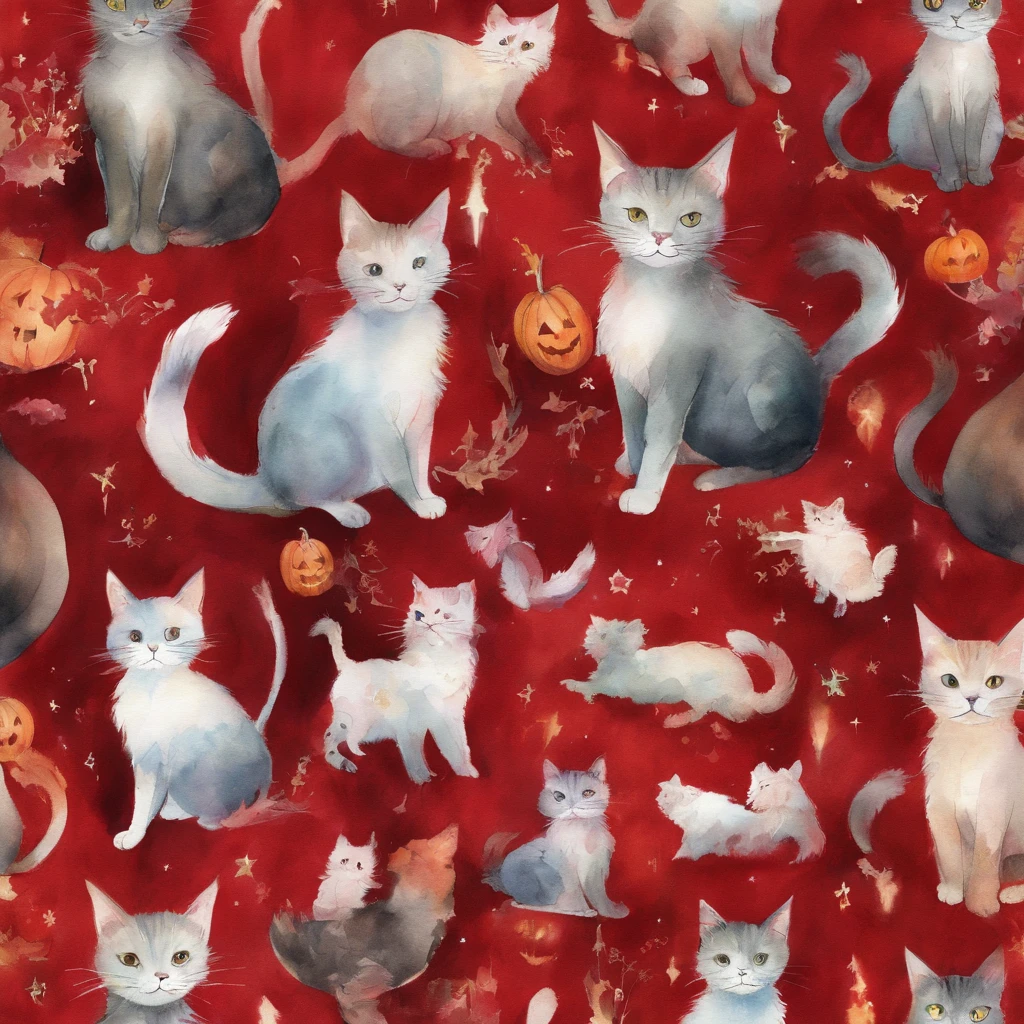 Cat Halloween party　Fantastic atmosphere　Picture book illustrations　watercolor paiting　Overall, the color is strong red