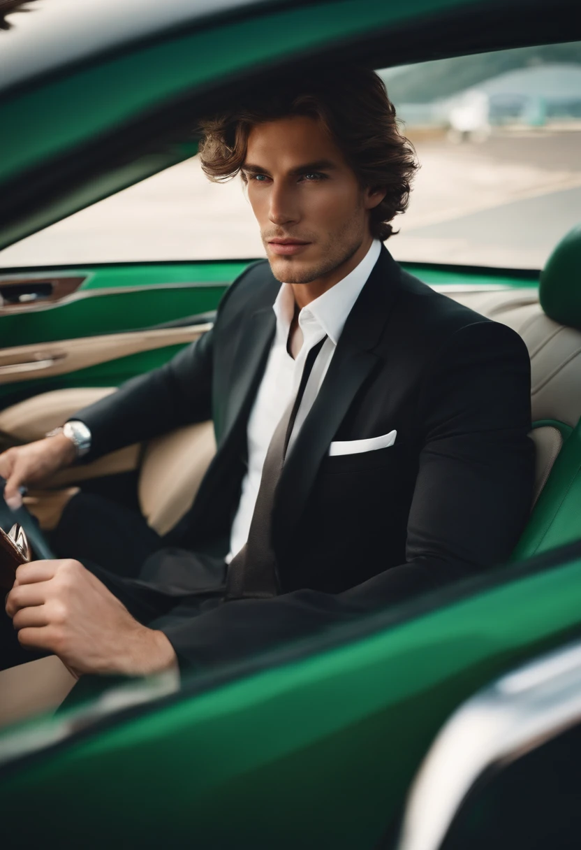 all-body, wide-angle photo close-up portrait of the body of a young millionaire. The scene is captured from afar., adding an element of intrigue and mystique to the composition. com detalhes ultra-realistas, every contour of the car and every expression on the millionaire's face are vividly portrayed, drawing the viewer into the narrative. The vastness of the surroundings emphasizes the grandeur of the moment, echoing Tate's philosophy of mastery and success. Photographed by Steve McCurry with a Nikon D850 and a telephoto lens, The lighting is natural, casting long shadows that enhance the dramatic effect. --v 5 --q 2 VIVID COLORS