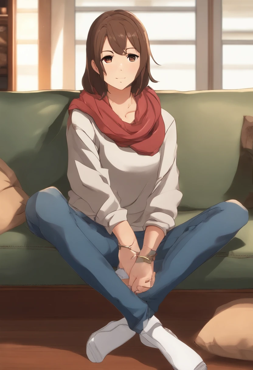 bell, Anime, Brown hair, medium breasts, Brown eyes, lightsmile, jeans, scarf, Gray sweatshirt, Blue Pants, Sitting, Cross-legged, Inside the smart home, Sitting on the couch, Shino Asada's face, Anime Sword Art Online, Best Quality