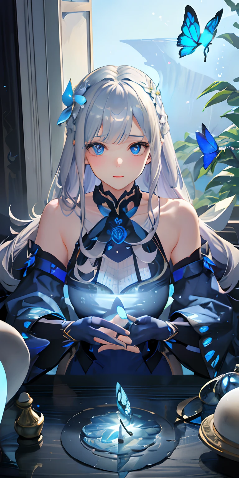 (Overhead Views),Dynamic Angle,Ultra Detail, Illustration, Close Up, Straight, One Girl, (Fantasy:1.4), (Azure Eyes:1.233),Her Eyes Glowed Like Dreamy Stars,(Glowing Eyes:1.233),(Beautiful and Delicate Eyes:1.1),(Silver Hair:1.14),(Unkempt Hair,Very Long Hair,Braids,Between Eyes,Side Locks), (+ (Bull Hair Flower: 1.14)),(Chiffon Dress,Blue Floral Pattern on Uniform)/=(Military Uniform: 1.24),(Sleeveless,Wide Sleeve),(Fingerless Gloves),Choker,(Priestess Niso),High Heels,(Expressionless,Mouth Closed),(Stingling),(Classic Princess Boudoir with Dressing Table and French Window in White Ancient Palace),(White Flower,Flower),(Deep Sea),(Flowing Water),(Dull Blue World Tree:1.14), (Ruins),(Night:1.2 ),Dreamy,Soul,(Fluorescence),(Translucent Blue Butterfly Fly:1.15),[[Delicate Fingers and Hands:0.55]::0.85],(Fine Fingers),(Yubao:0.5),