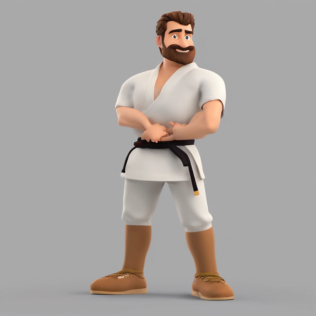 Criar um personagem no estilo Pixar. Trata-se de um homem de 40 anos, com barba rasa, Branco, with short brown hair and karate outfit , e olhos verdes. He should be standing looking straight ahead, segurando na faixa preta, graves, in a karate DOJO