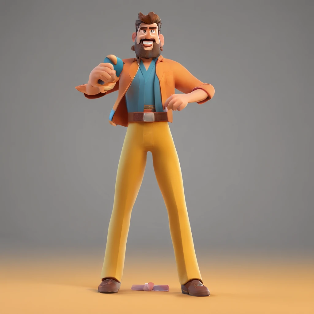 Criar um personagem no estilo Pixar. Trata-se de um homem de 40 anos, com barba rasa, Branco, with short brown hair and karate outfit , e olhos verdes. He should be standing looking straight ahead, segurando na faixa preta, graves, in a karate DOJO