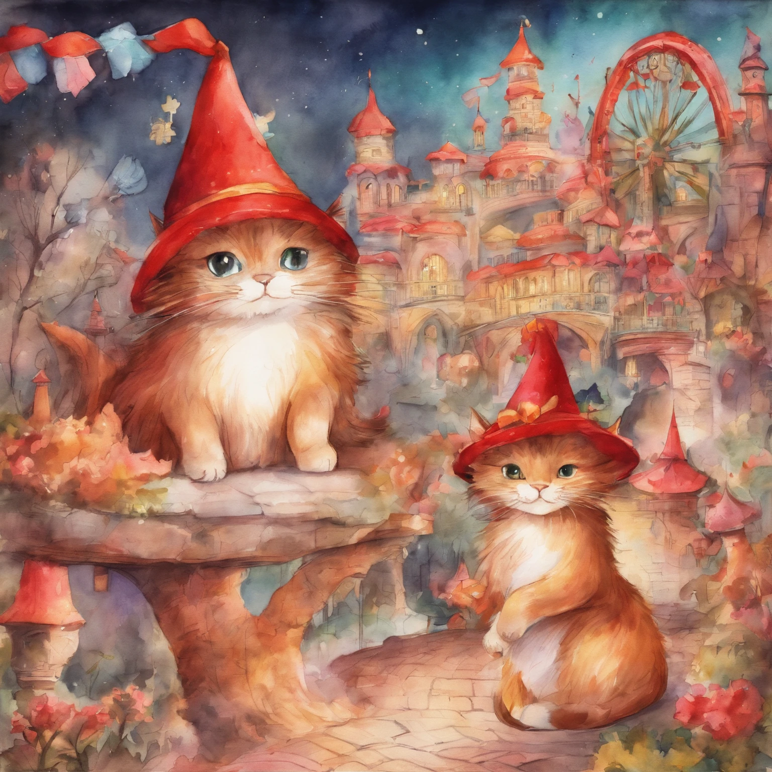 Cat amusement park　Fantastic atmosphere　Picture book illustrations　watercolor paiting　Overall, the color is strong red