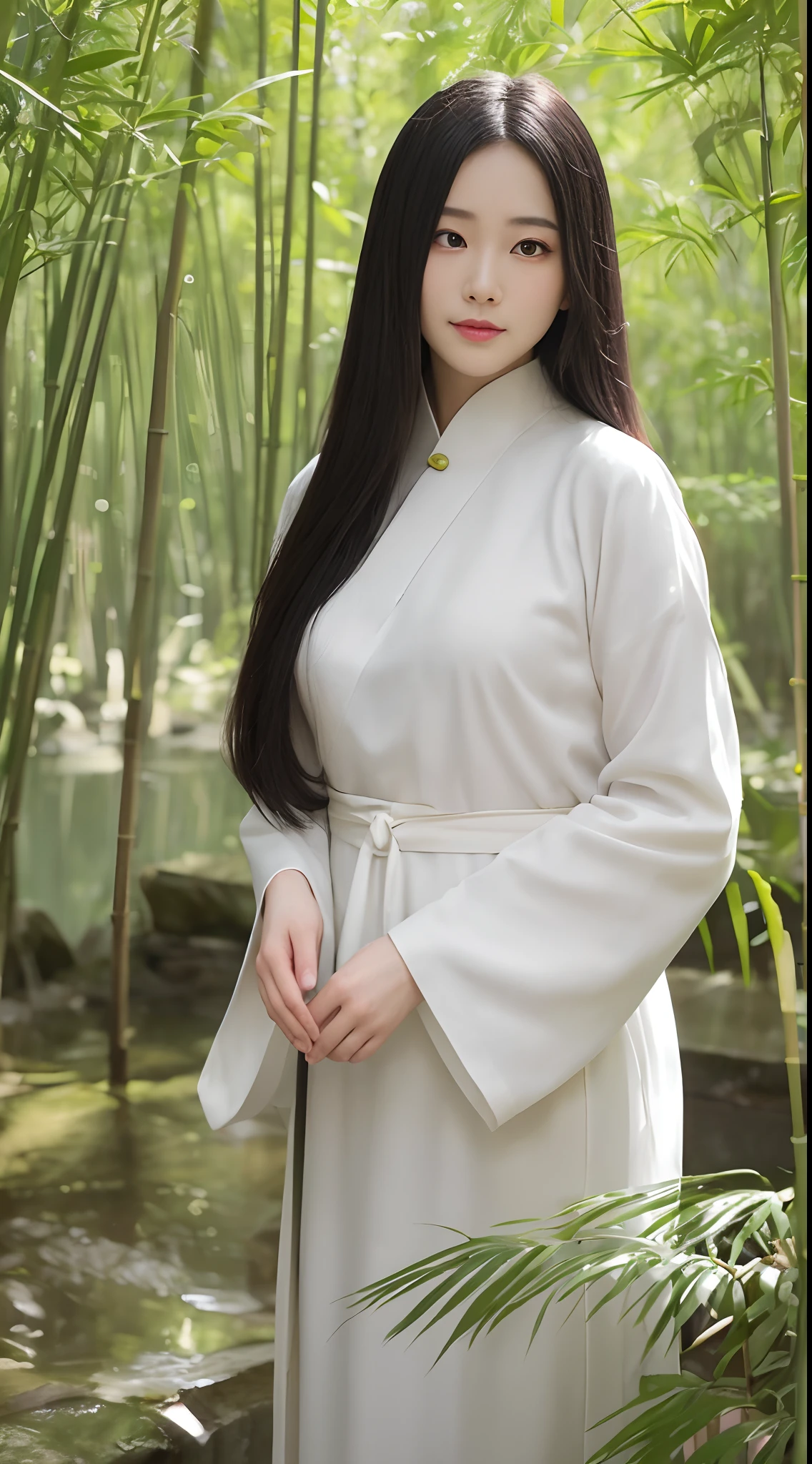 (Best quality,4K,A high resolution,Masterpiece:1.2),Realistic,White Hanfu,Long black hair,Beautiful detailed eyes,beautiful detailed lips,peaceful expression,Gentle smile,Hazy bamboo forest，ssmile,Semi-hidden paths,Dappled sunlight,tranquil ambiance,Traditional Chinese painting style,Vivid colors,Soft lighting