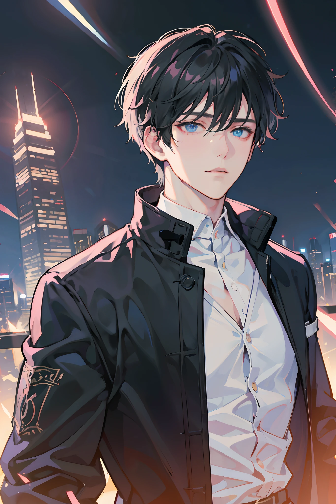 (absurdres, highres, ultra detailed, anime style), 1boy, adult, handsome, tall muscular guy, broad shoulders, finely detailed eyes and face, black hair, short hair, hair between eyes, crystal blue eyes, holographic, assassin, black coat, gun holster, wearing a chest strap, white shirt, portrait, upper body, intense run, speed, neon-lit night city, Hong Kong, neon sign, skyscraper, Cyan, Magenta, (dutch angle), long face, closed mouth