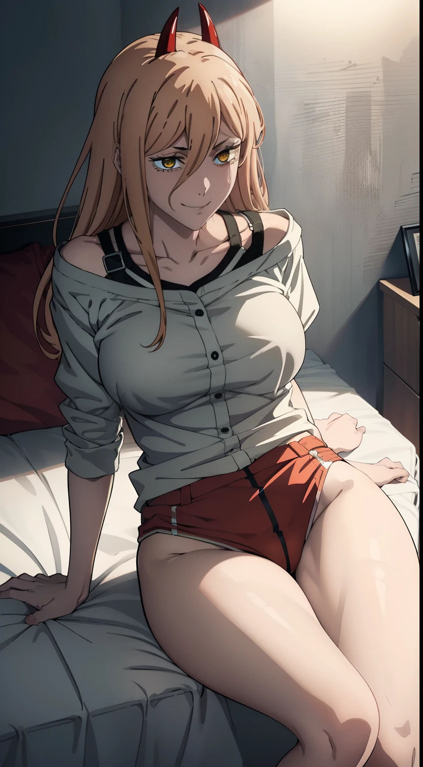 Sex, hooligan, waist, legsupms, buttocks, pectorals, on back, (Body Full 1.1), Sits, Camera from above, Frame from above, Sitting on the bed, the night, Lights, looks at the viewer, ssmile, grin, criminal, laughting, shirt unbuttoned, handsome body(Perfect Anatomy 1.1), medium chest size, bare breasts, madwoman, vulgar, Erotica, half naked, beautiful breasts, waist, bare buttocks, sexy body, hight resolution, 1girl, 独奏, hairlong, blonde woman, dangerous,vivid eyes,Yellow eyes, Odin, Mesmerizing eyes,Confident,superior, naughty, (power \(chainsaw man\),), red horns, Energy from a chainsaw, Red horns on the head, Cool anime 8K, Clean and detailed anime art, 4K Manga Wallpapers, Подробный портрет Anime Girl, Anime 4K Style, Anime Art Wallpapers 4K, Anime Art Wallpaper 4K Masterpiece, Gorgeous, Best Quality,