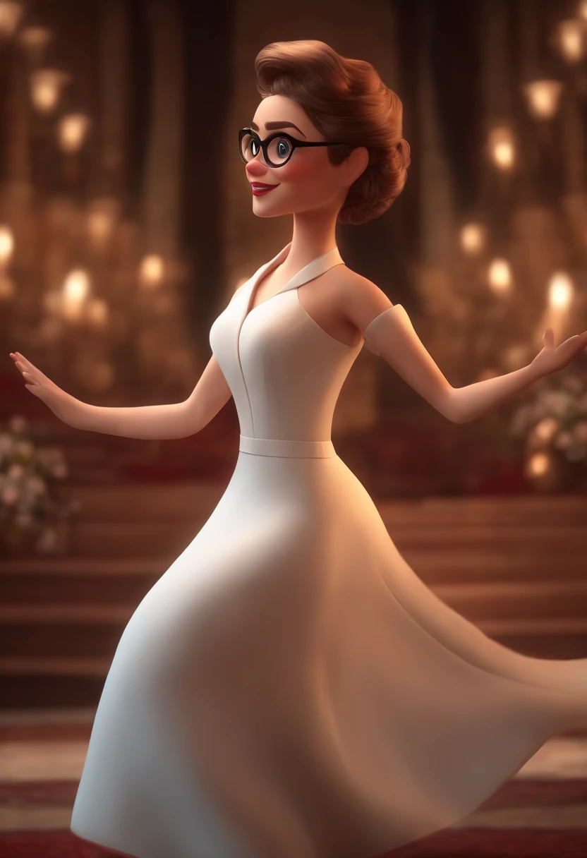 "(best quality,ultra-detalhado,Realistic:1.37),3D rendering,illustration,design de personagens,cabelos curtos e cacheados escuros,belos olhos detalhados,wearing white glasses,Estilo Pixar,morena mulher,Dancing on the Disney stage,atmosfera animada,vivid colors,luzes de palco,expression joyful"