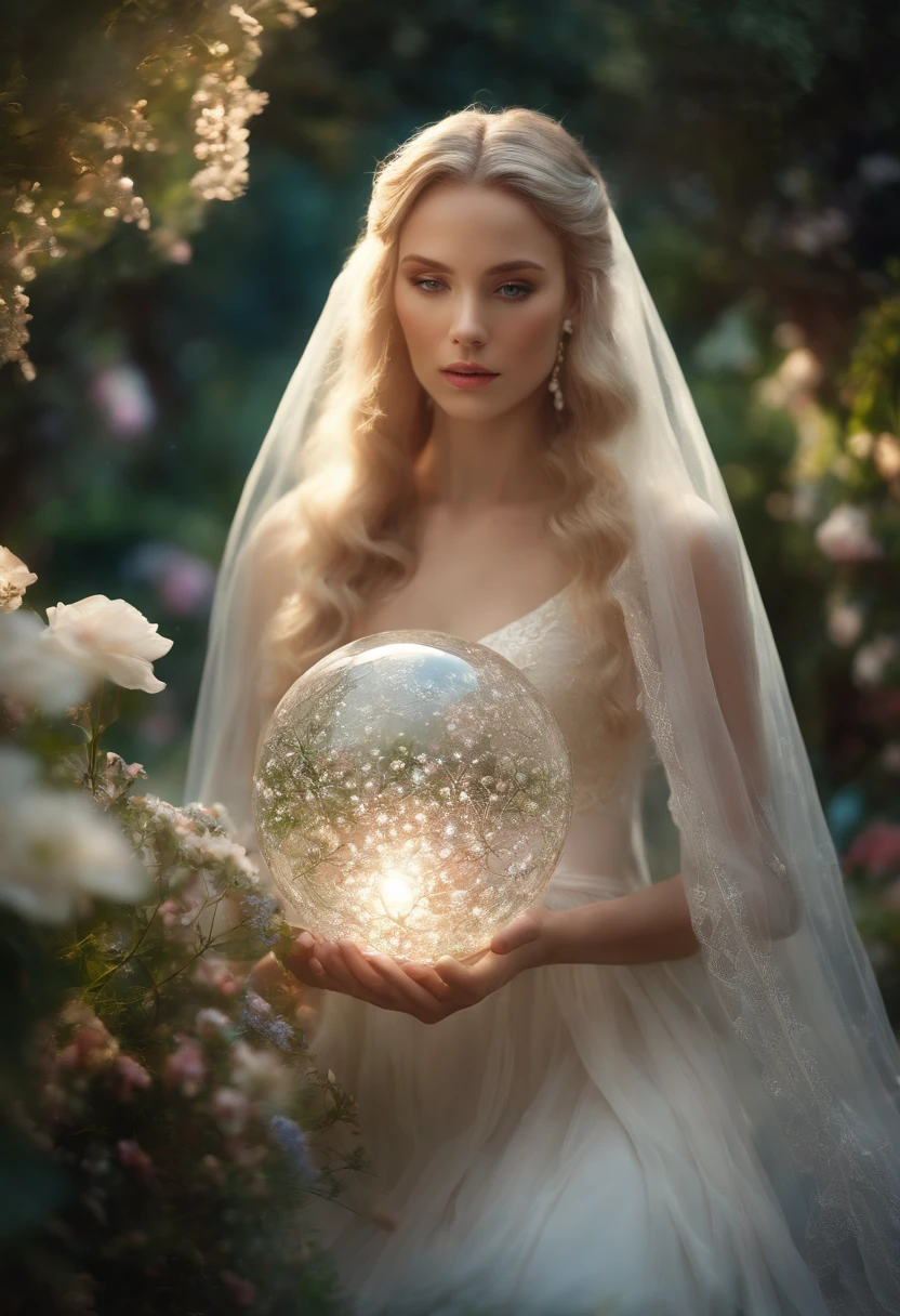 (a white, mystical woman),hair shining,beautiful detailed eyes,ethereal light,floating in the air,floating white dress,transparent veil,holding a crystal ball,standing in a enchanted garden with vibrant flowers and lush greenery,soft sunlight illuminating the scene,creating a dreamlike atmosphere.(best quality, highres,ultra-detailed),[mystical, ethereal],vivid colors,soft and pastel color palette,magical lighting.